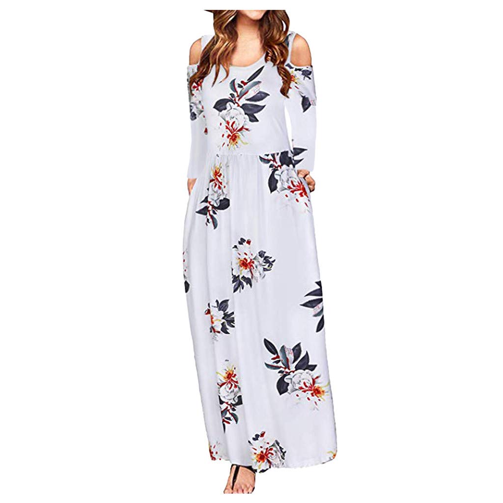 Women's Floral Print Maxi Dress with Pockets - Elegant Long Sleeve Cold Shoulder Sun Dress for Autumn | Perfect for Beach Vacations, Date Nights & Summer Weddings