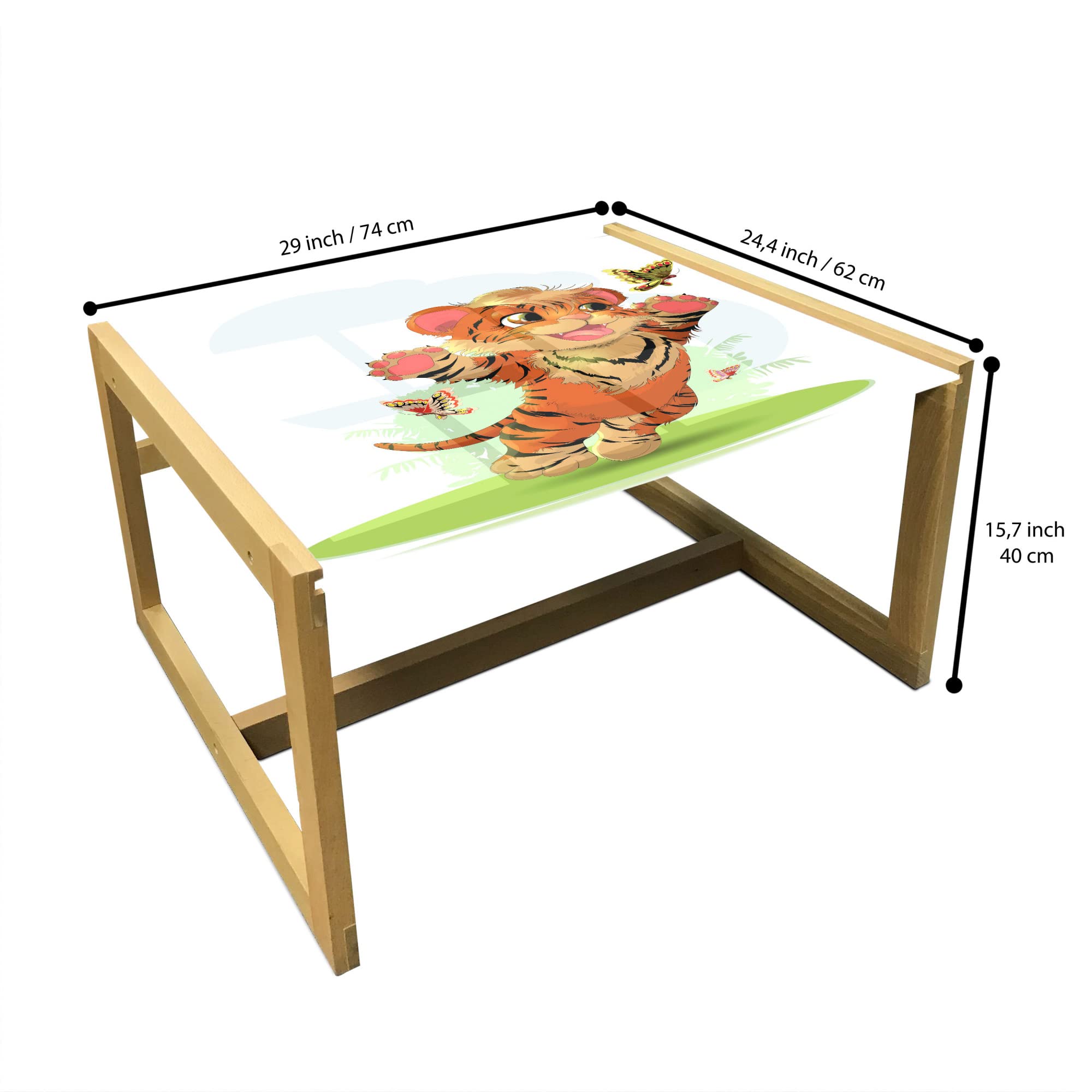 Playful Tiger Cat Coffee Table - Wooden Frame, Acrylic Glass Top for Office & Dorm Decor