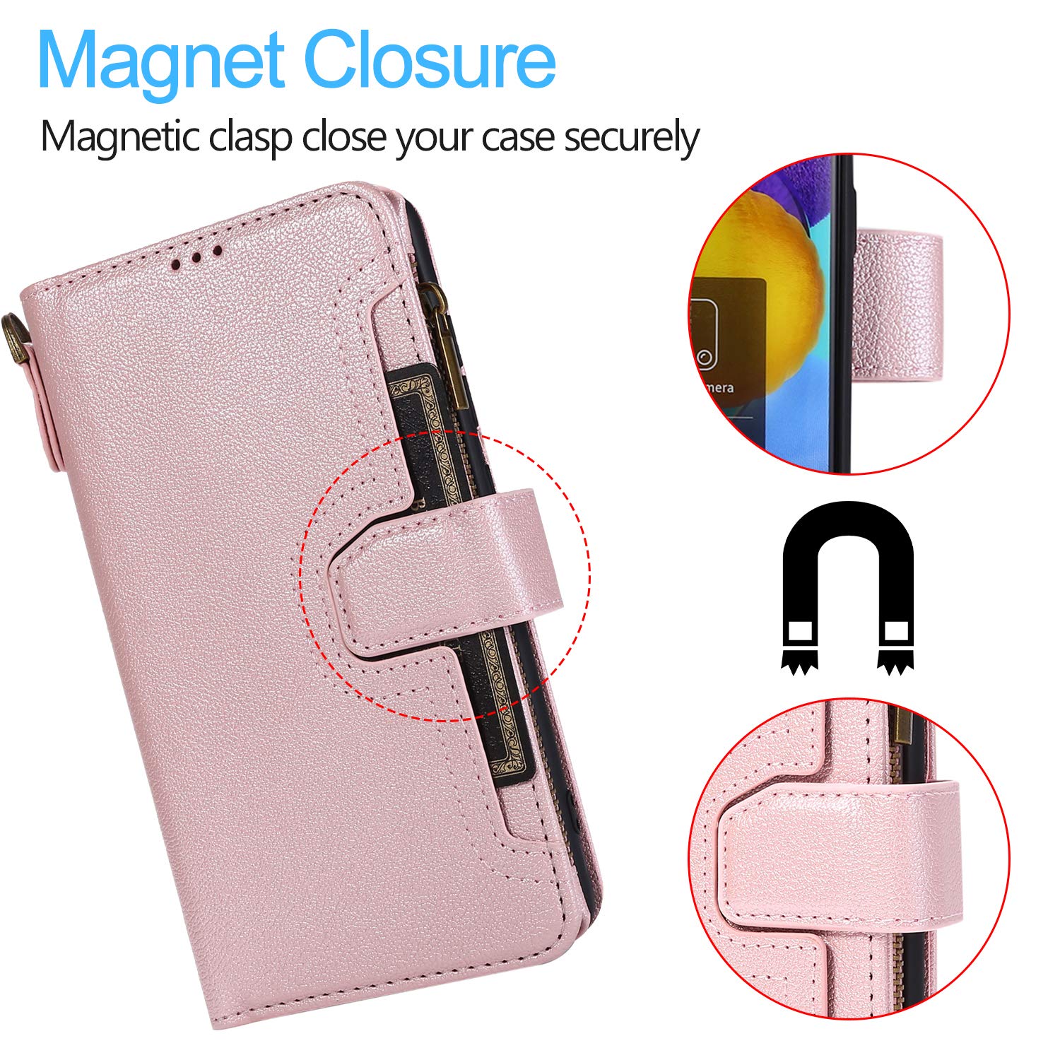 Premium Leather Wallet Case for Samsung Galaxy A41 - Card Holder, Kickstand, Wrist Strap & Magnetic Closure | Large Capacity Zipper Purse | Perfect for Work, Travel & Everyday Use (Rose Gold)