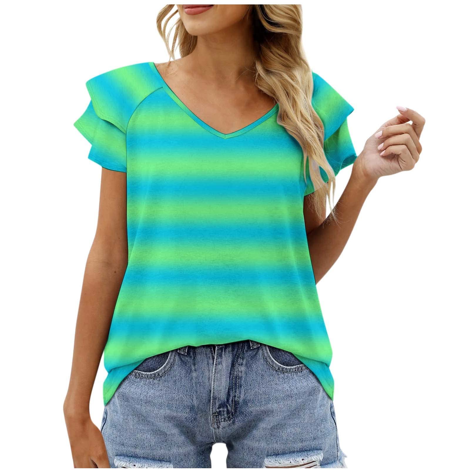 2022 Women's Summer Tops - Vintage Floral Feather Print V-Neck T-Shirts | Casual Sexy Ruffle Short Sleeve Blouses for Beach, Party & Daily Wear