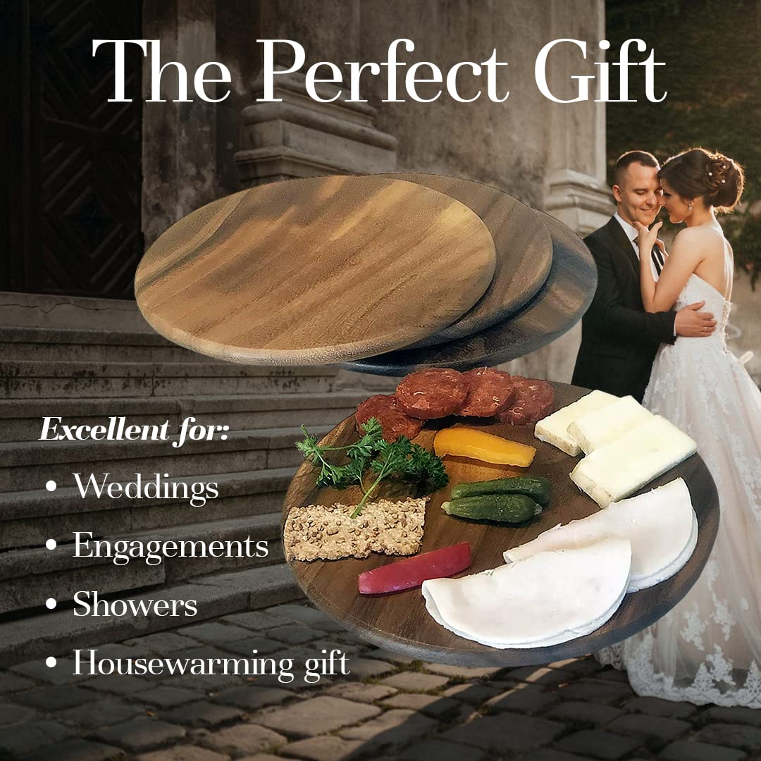 Woodard & Charles Acacia Wood Serving Plates Set of 4 - 9 Inch Round Charcuterie Boards for Sushi, Dessert, Bread & Cheese | Perfect for Dinner Parties, Picnics & Entertaining