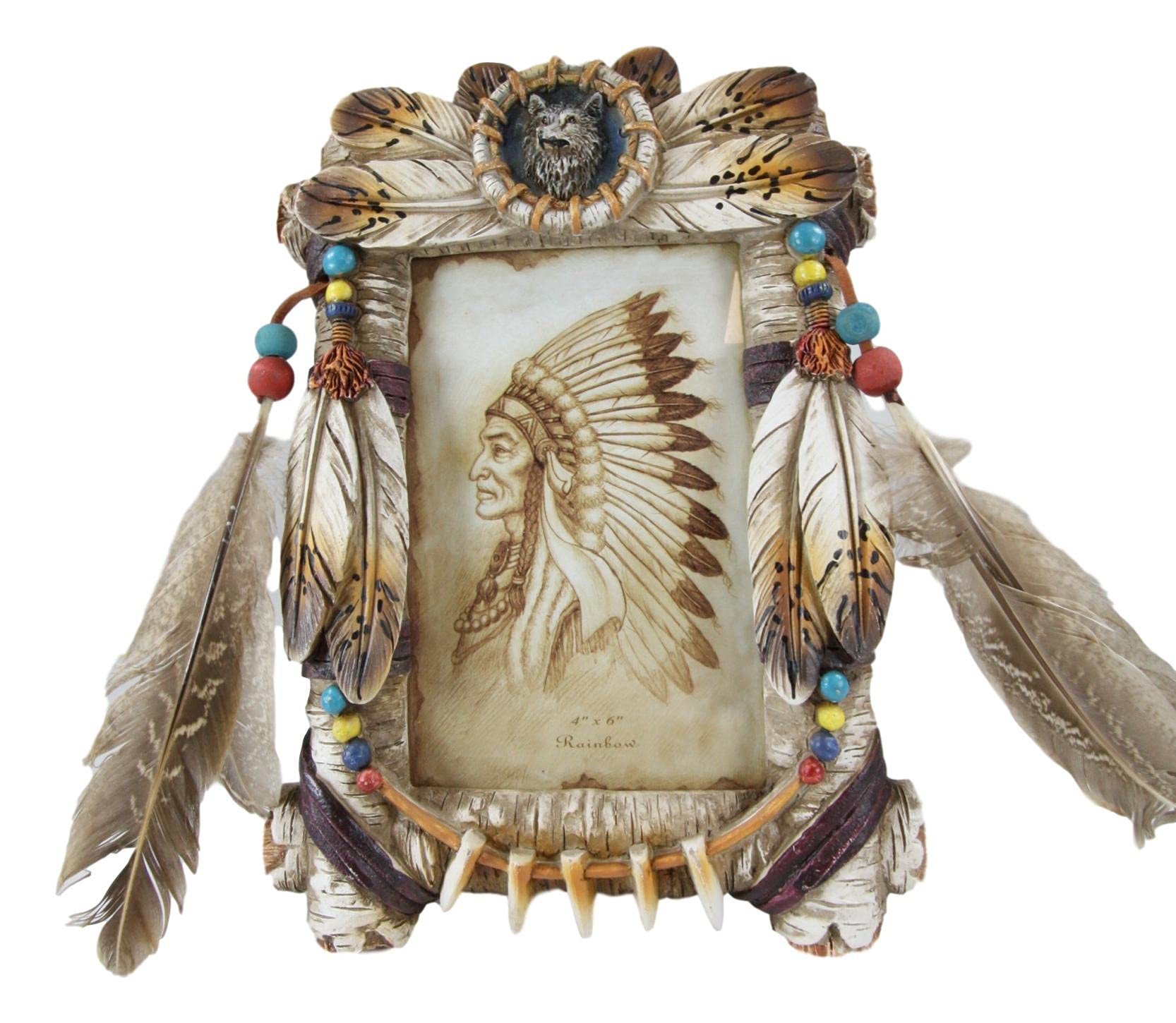 Ebros 2-Pack Southwest Native American Indian Headdress & Alpha Wolf Dreamcatcher Wall Decor - Beaded Lace, Eagle Feathers & Turquoise Gems - 4x6 Photo Frames with Easel Back for Desktop or Wall Display | Perfect for Home Office, Bedroom Decor & Native American Theme Gifts