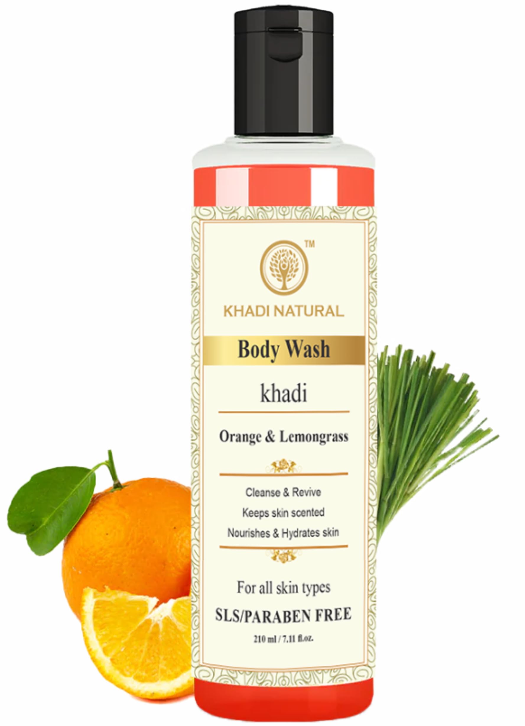 Khadi Natural Herbal Orange & Lemongrass Body Wash for All Skin Types | Deep Cleansing & Oil Control | Revitalizes Skin & Prevents Blemishes | 210ml Shower Gel | Perfect for Daily Use & Spa-Like Experience at Home