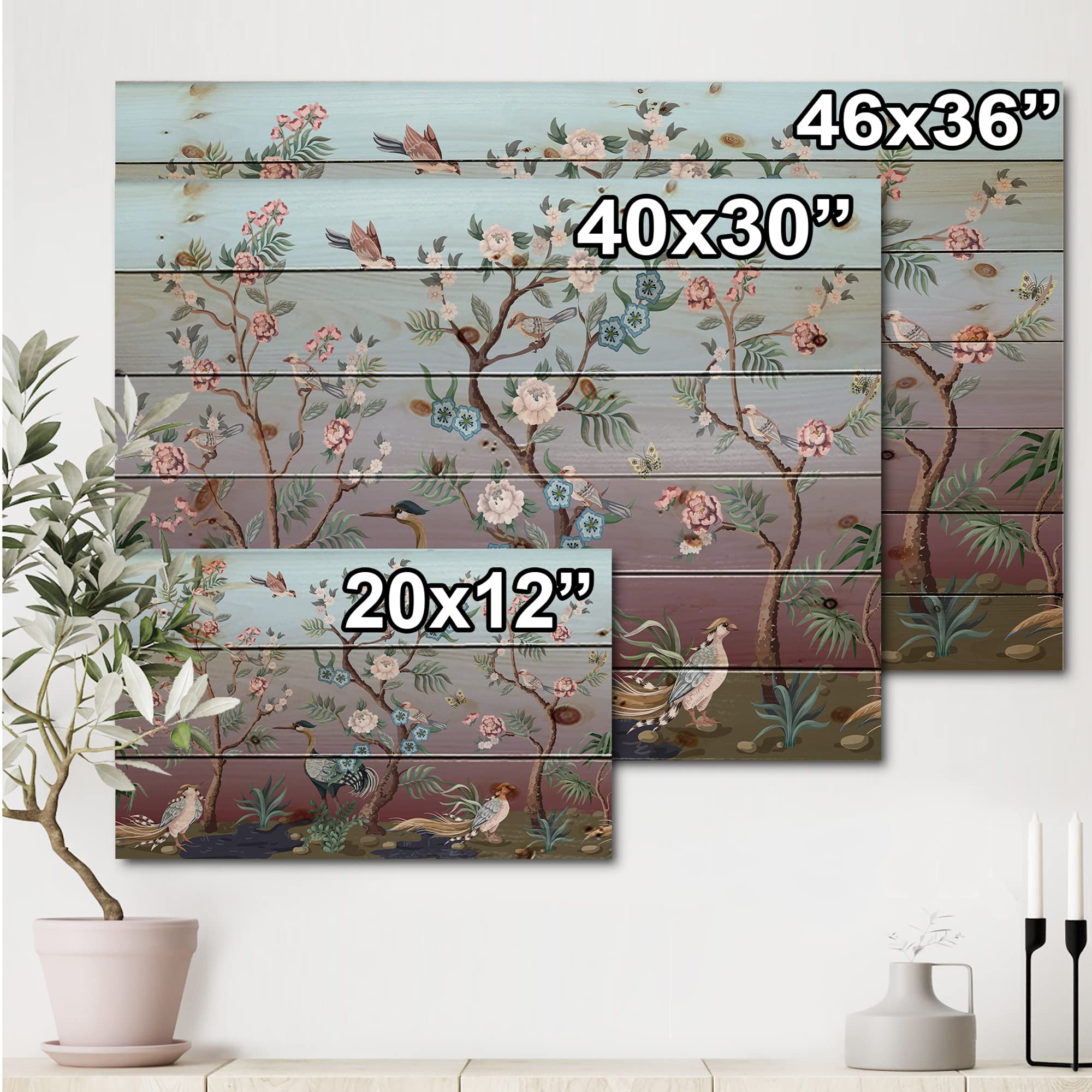 Handmade Chinoiserie Wall Art with Peonies & Birds - Traditional Blue Wooden Wall Decor, Large Animal Print on Natural Pine Wood Panel | Perfect for Living Room, Bedroom & Office Décor