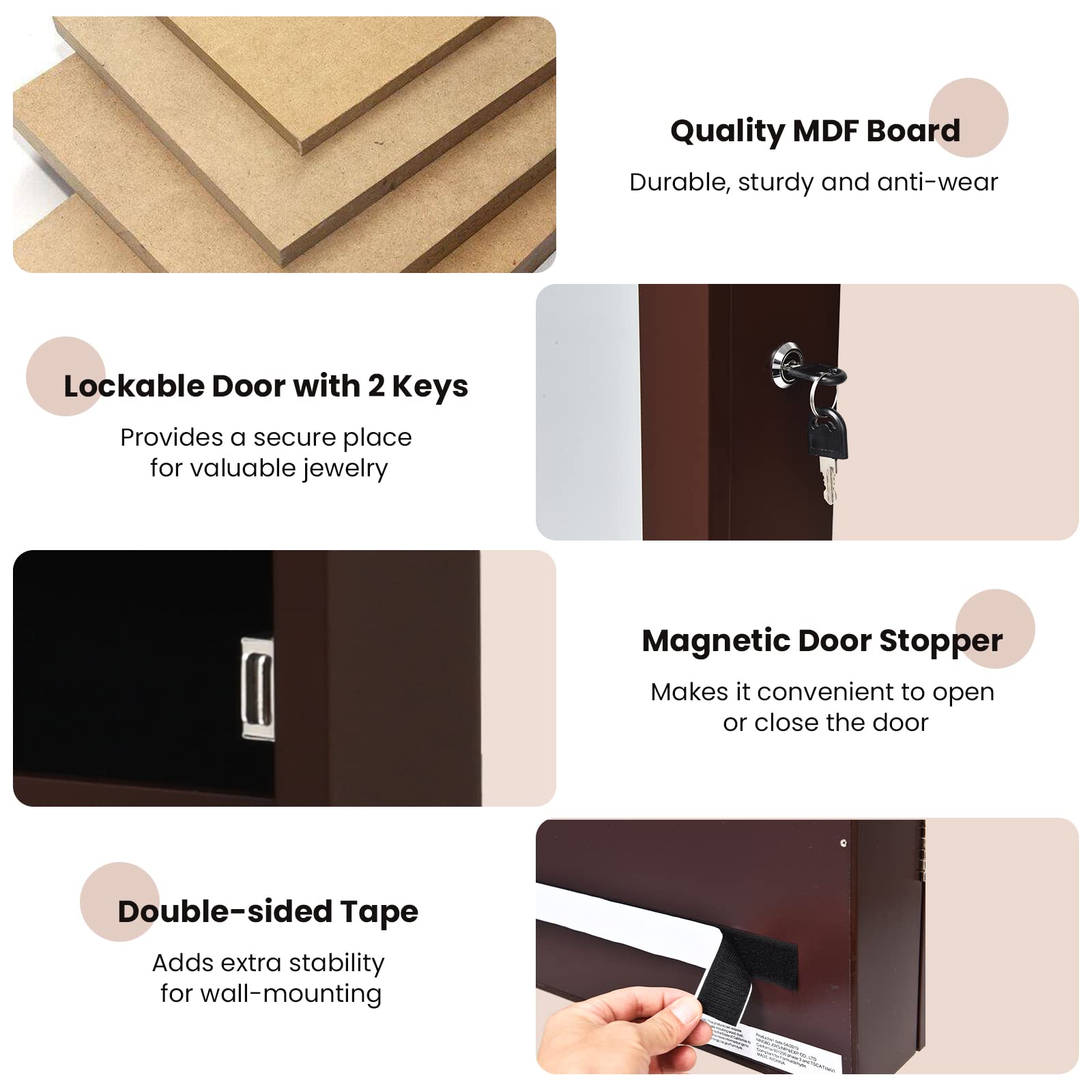 2 LED Jewelry Armoire with Full Length Mirror - Wall/Door Mounted Cabinet Organizer with Adjustable Hooks, Storage Drawers & Lock - Perfect for Bedroom, Closet or Dressing Room (Brown)