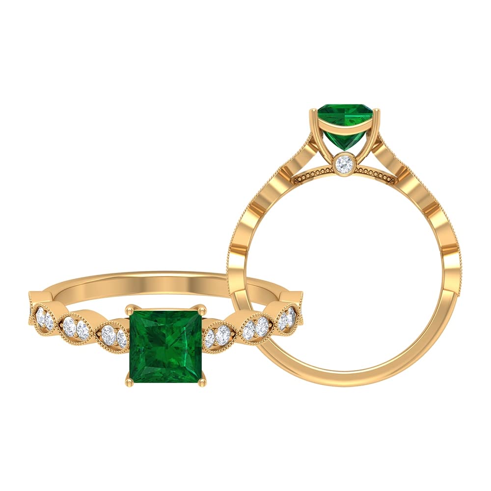 1.25 CT Lab Created Emerald & Moissanite Ring - 14K Solid Gold Princess Cut Solitaire Ring with Milgrain Details | Elegant Engagement, Anniversary Gift for Her