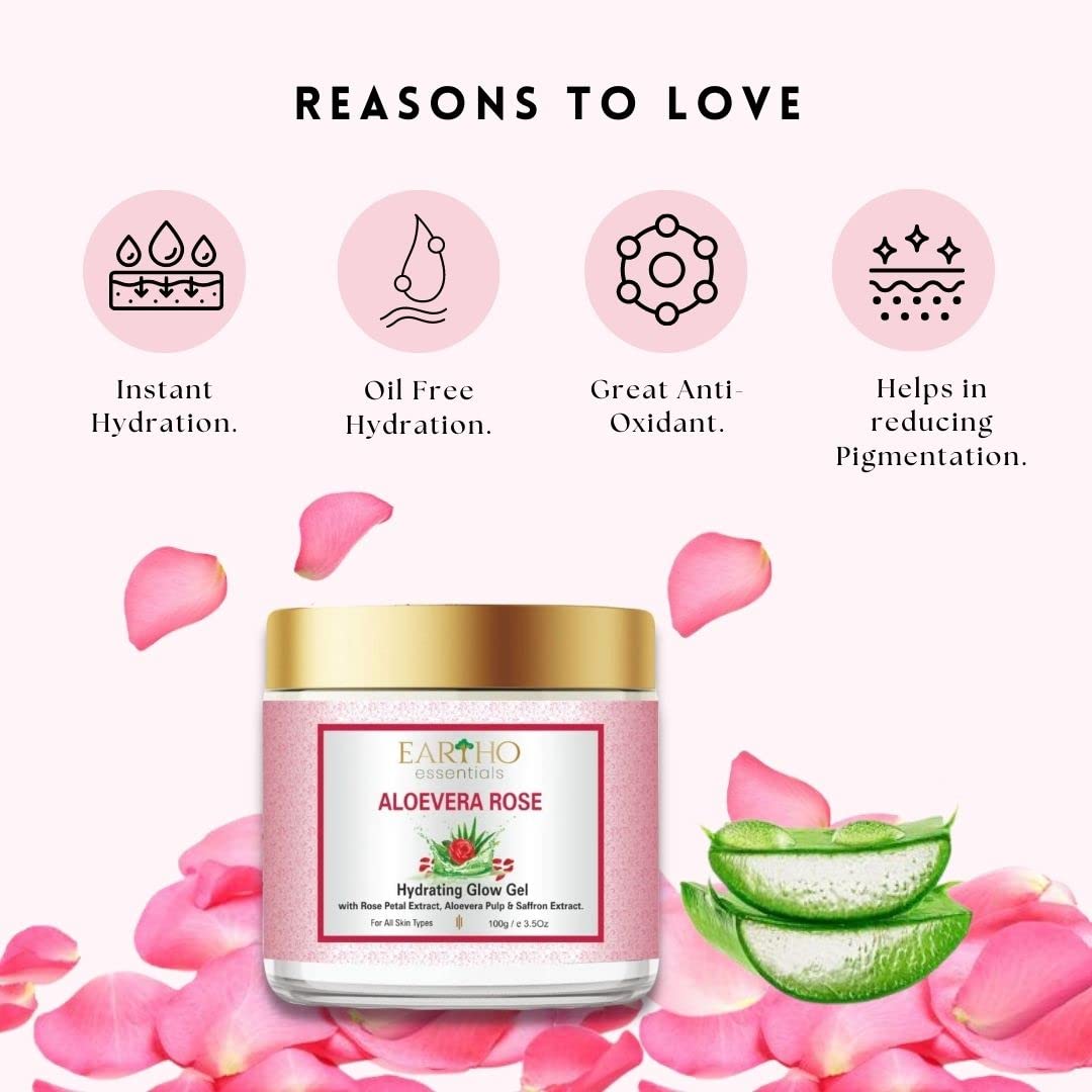 Eartho Essentials Aloe Vera Rose Hydrating Glow Gel with Rose Petal Extract, Aloe Vera Pulp & Saffron Extract 100g + Turmeric Sandalwood Pack 50g - Hydrating Face Mask for Dry Skin, Perfect for Daily Skincare Routine & Spa Treatments