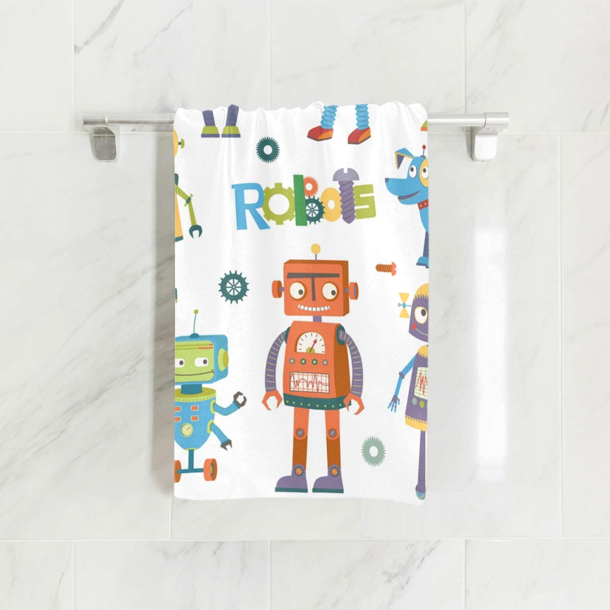 Cartoon Robots Hand Towel - 30x15 Inch Lightweight, Soft & Absorbent Bath Towel for Kids & Adults - Perfect for Bathroom, Kitchen, Gym & Travel Decor
