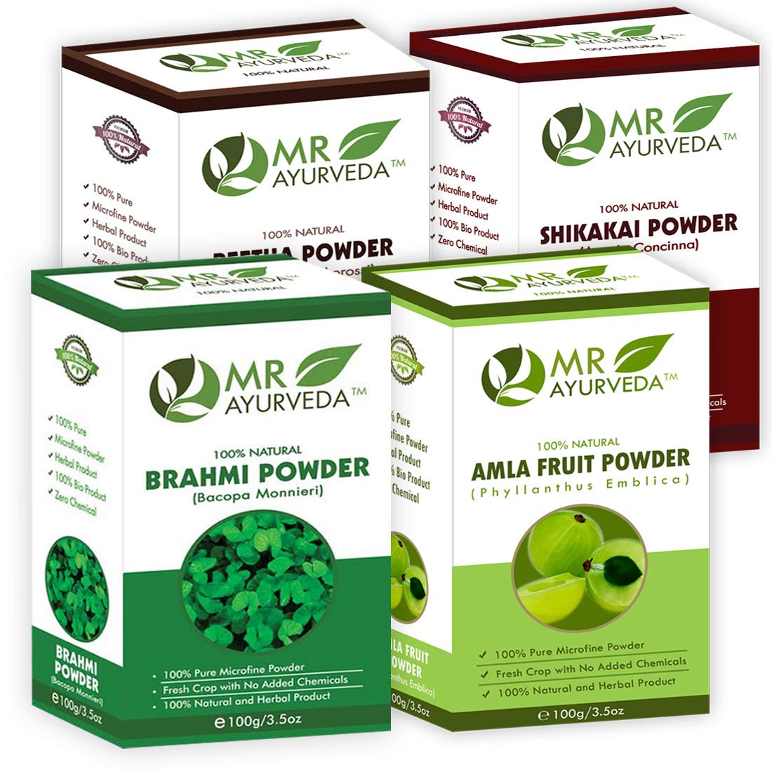 MR Ayurveda Shikakai Powder, Brahmi Powder, Amla Powder & Reetha Powder - 4 Herbal Hair Care Set (100g Each) for Natural Hair Growth & Scalp Treatment | DIY Hair Masks & Ayurvedic Remedies