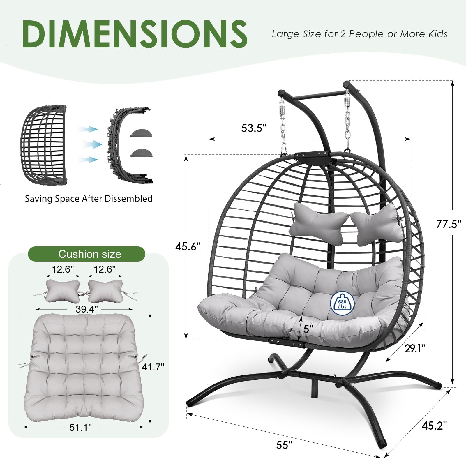 NICESOUL 2-Person Double Egg Chair - Indoor/Outdoor Patio Wicker Hanging Loveseat with Stand, Comfortable Cozy Swing Egg Chair with Double Padded Seats (680lbs Capacity) - Perfect for Backyard, Balcony, Bedroom & Garden Relaxation (Grey)