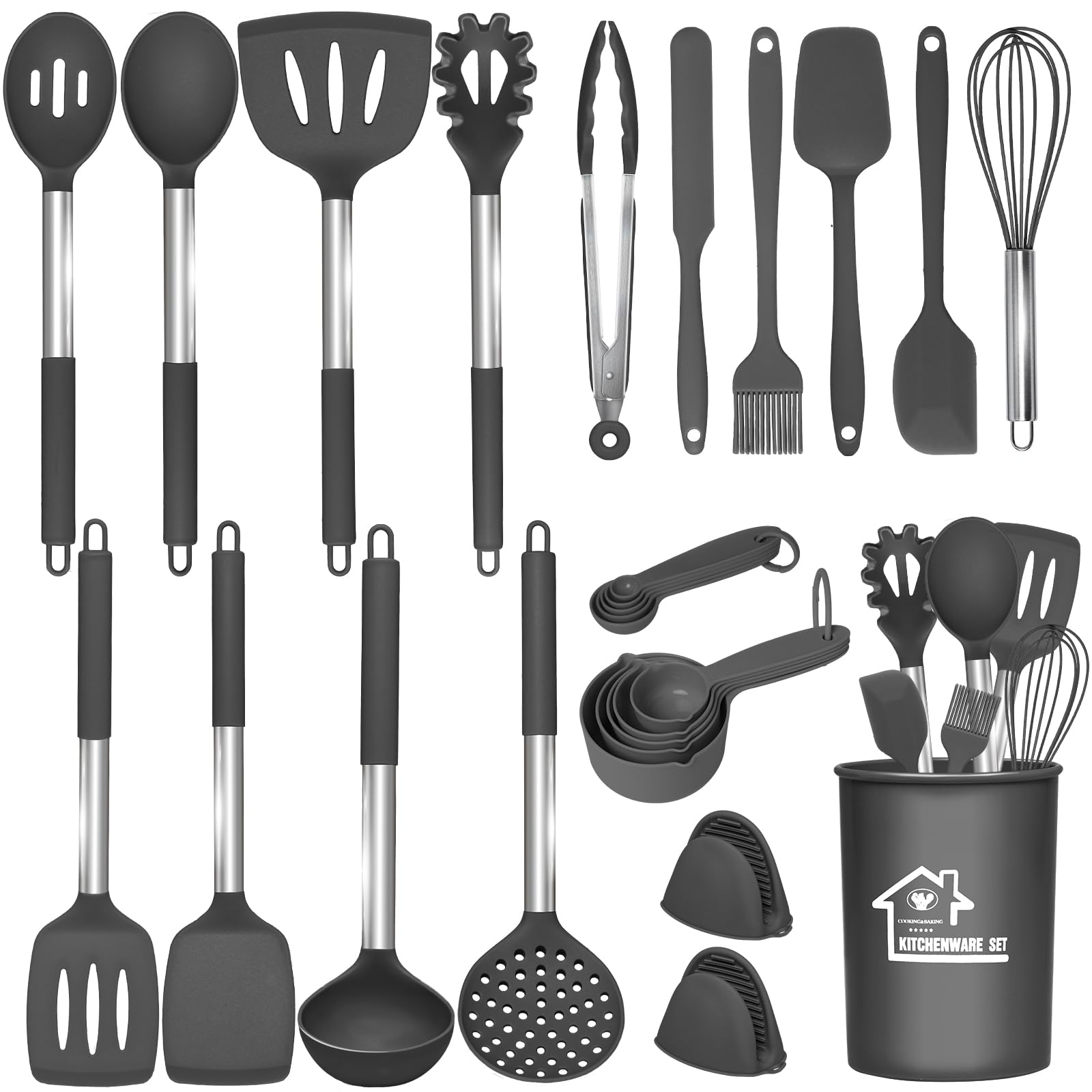 27-Piece Heat Resistant Kitchen Utensil Set with Holder - 446°F Non-Stick Cooking Tools, Stainless Steel Handles - Dishwasher Safe Kitchen Essentials for Baking, Frying & Everyday Cooking
