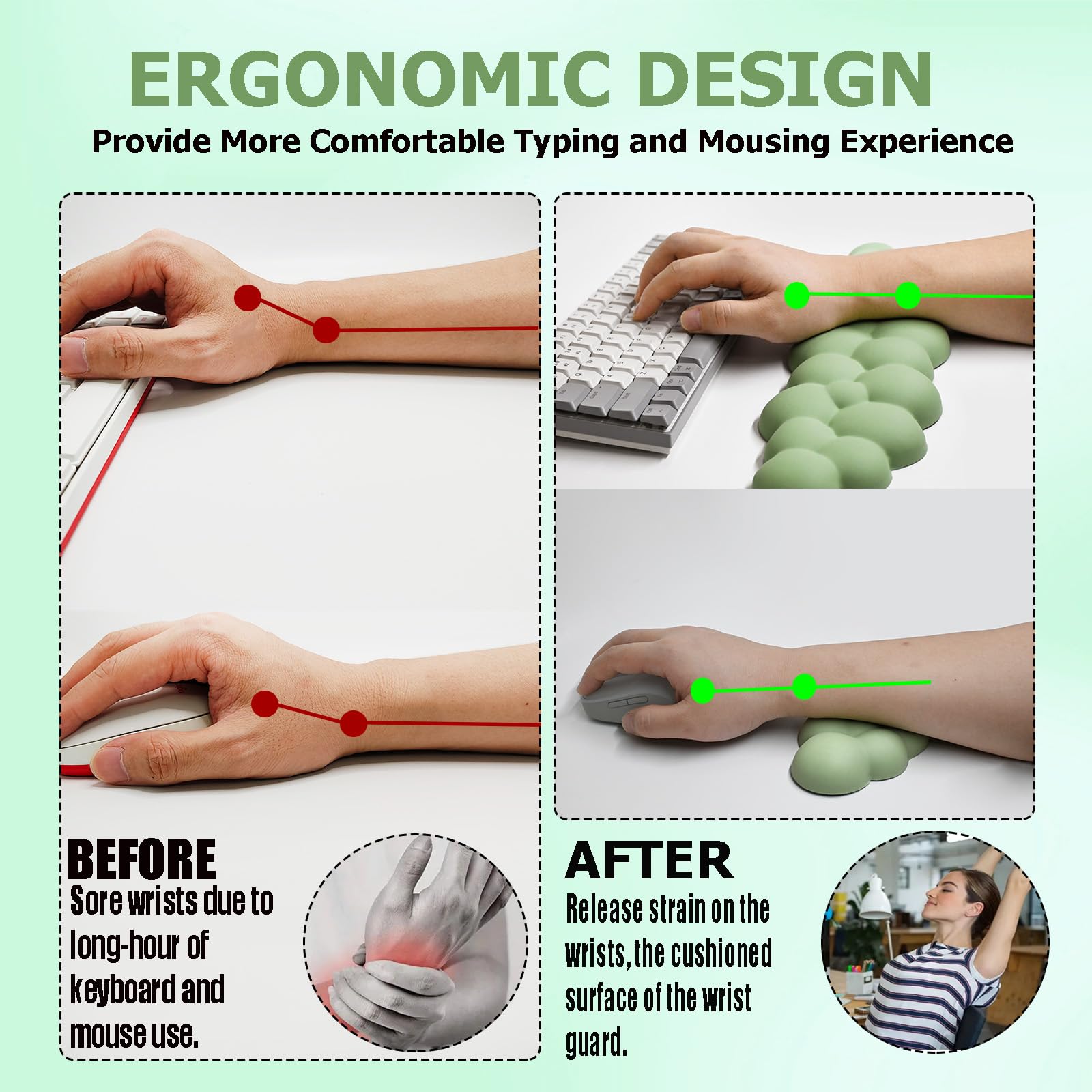 Ergonomic Keyboard Wrist Rest - PU Leather Memory Foam Cloud Pad for Pain Relief, Gaming, Office, Laptop, and Typing, Pastel Green - Ideal for Home, Work, and Travel Use