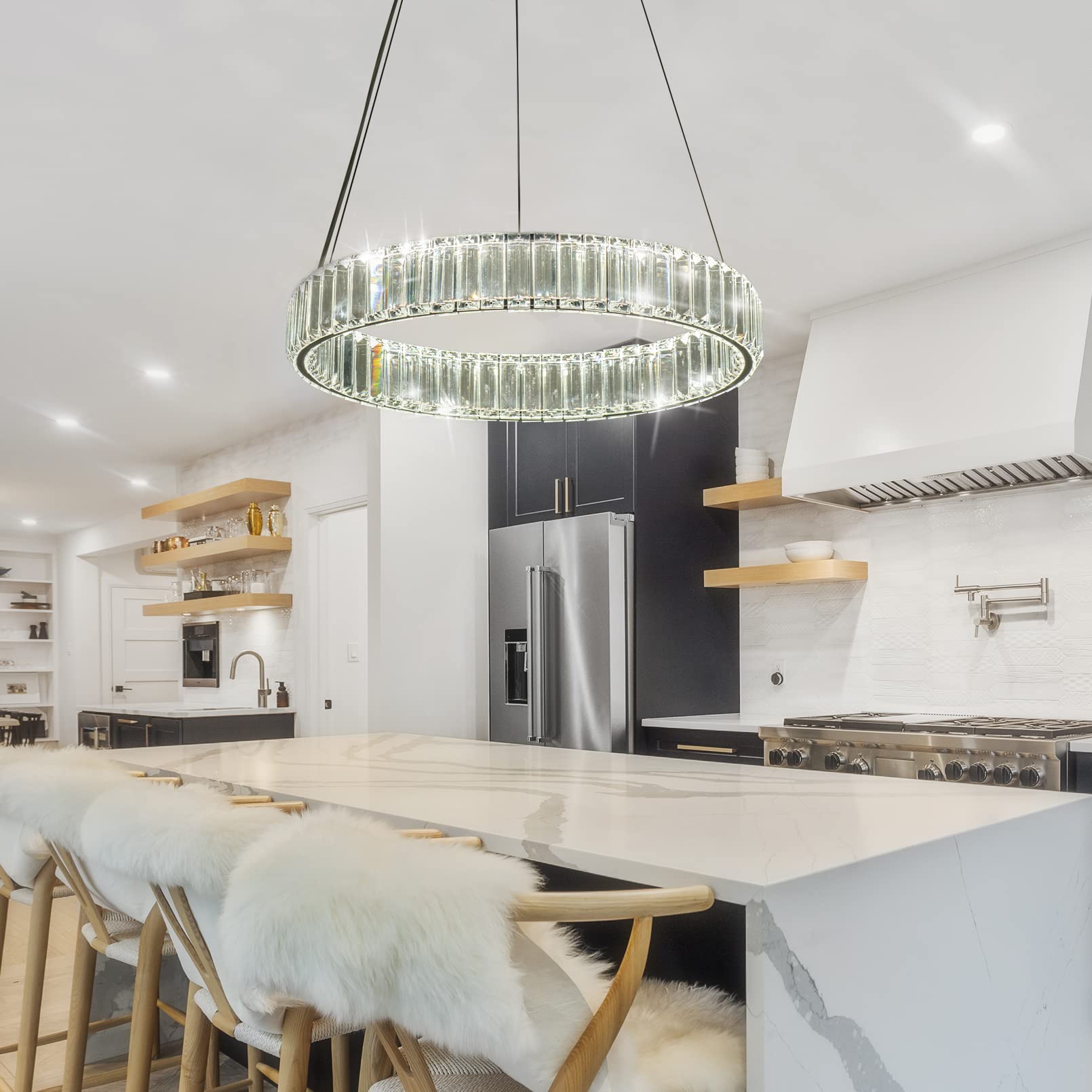 Dimmable LED Crystal Chandelier - 20 Inch Round Modern Pendant Light with Remote Control | Elegant Lighting for Kitchen, Dining Room, Living Room & Bedroom | Perfect for Home Decor & Romantic Ambiance