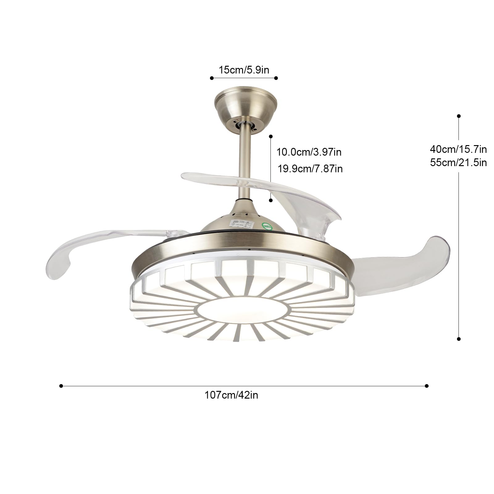 42'' Retractable LED Ceiling Fan with Light - 3 Color & 3 Speed Adjustable, Remote Control, Modern Acrylic Design, Ultra Quiet - Perfect for Bedroom, Living Room, Dining Room - Energy Efficient Cooling & Stylish Lighting Solution