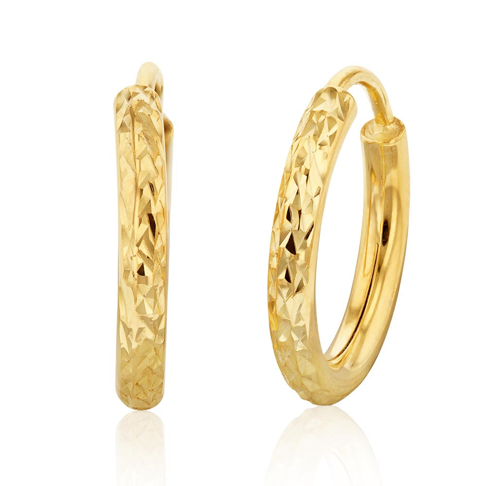 9ct Silver Filled Yellow Gold Diamond Cut 10mm Sleeper Hoop Earrings - Perfect for Everyday Wear, Gifts & Special Occasions
