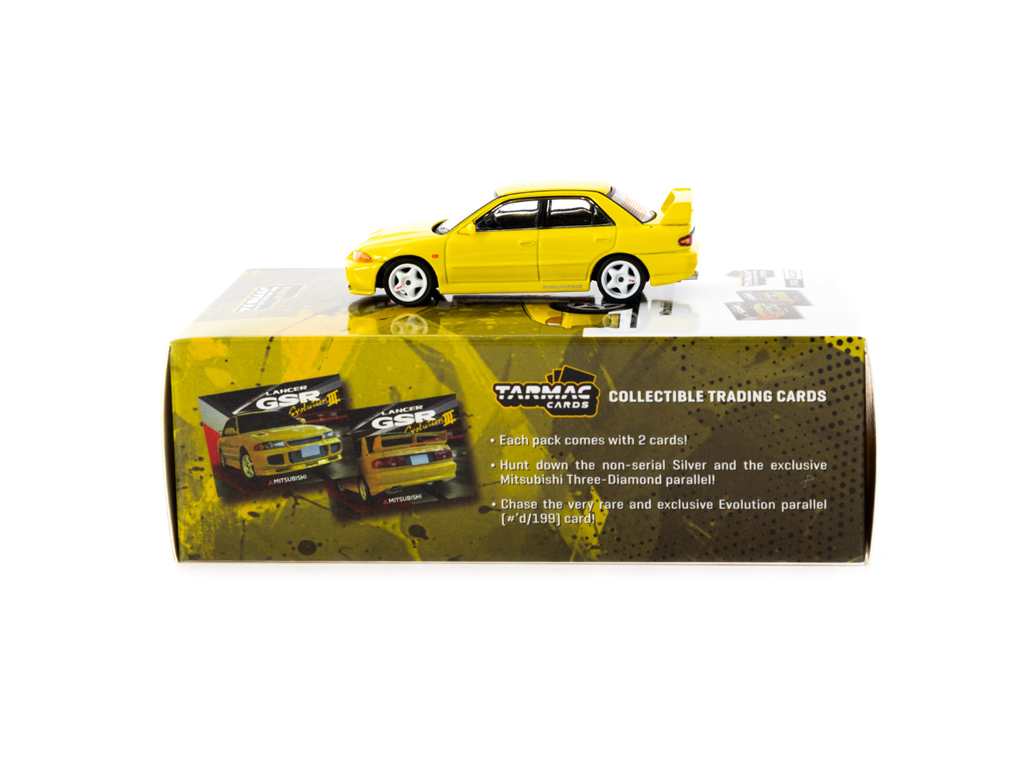Tarmac Works 1/64 Scale Mitsubishi Lancer GSR Evolution III Diecast Model Car - Yellow with Tarmac Cards - Collectible Miniature Vehicle for Display & Racing Scenes - GLOBAL64 Series
