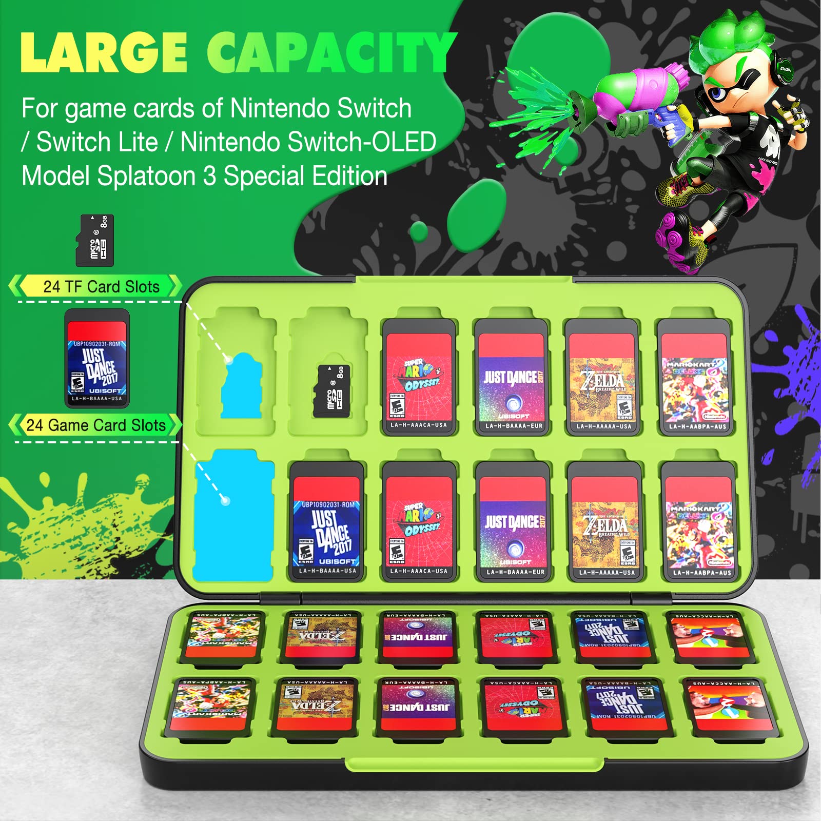 Moko Game Card Holder Case for Nintendo Switch OLED/Switch/Switch Lite - 24 Game Card Slots & 24 Micro SD Slots - Protective Storage Organizer (Green/Yellow) - Perfect for Travel & Gaming Accessories Organization