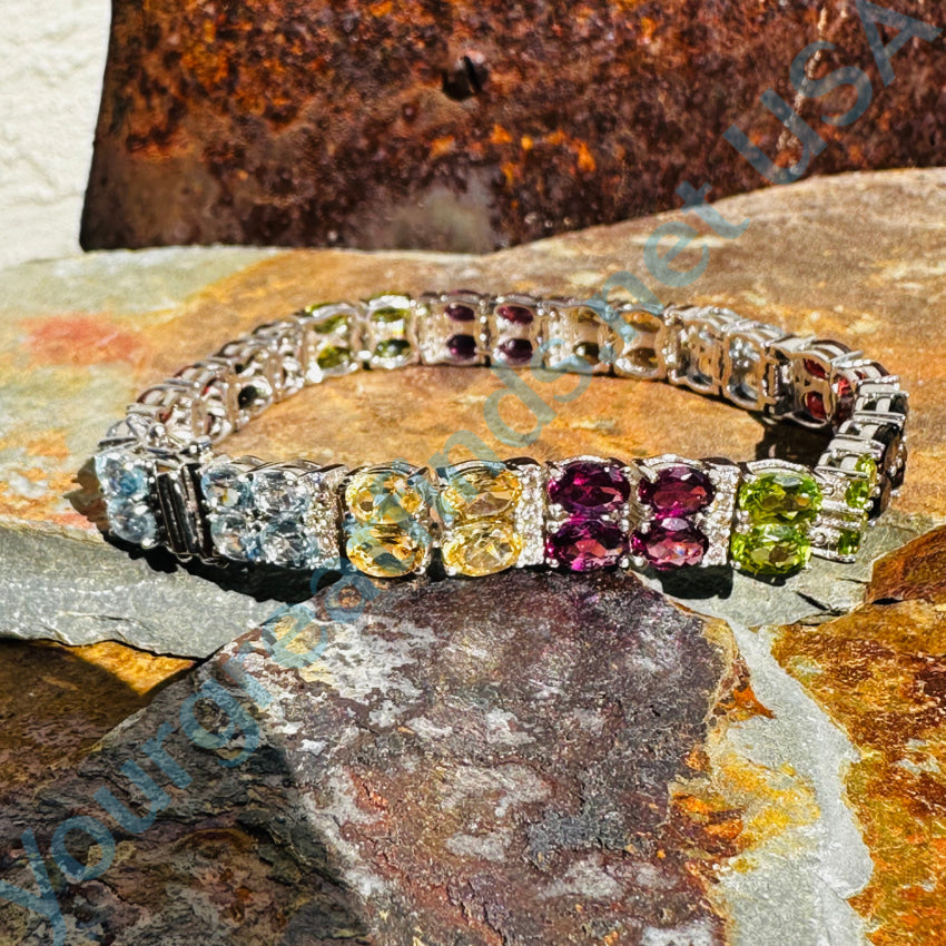 Sterling Silver Rainbow Gemstone Tennis Bracelet for Women - Elegant Stackable Bracelet with Multi-Color Stones for Everyday Wear, Gift Giving & Special Occasions