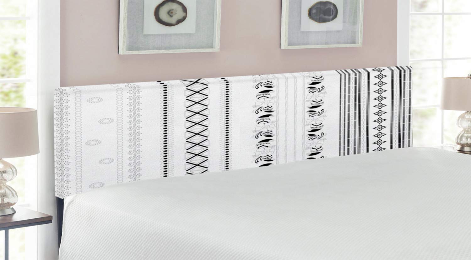 Ambesonne Folk Upholstered King Size Headboard - Vertical Stripes Geometric Floral Design, Eastern Inspired Metal Bed Frame with Memory Foam in White & Black | Perfect for Bohemian & Vintage Bedroom Decor