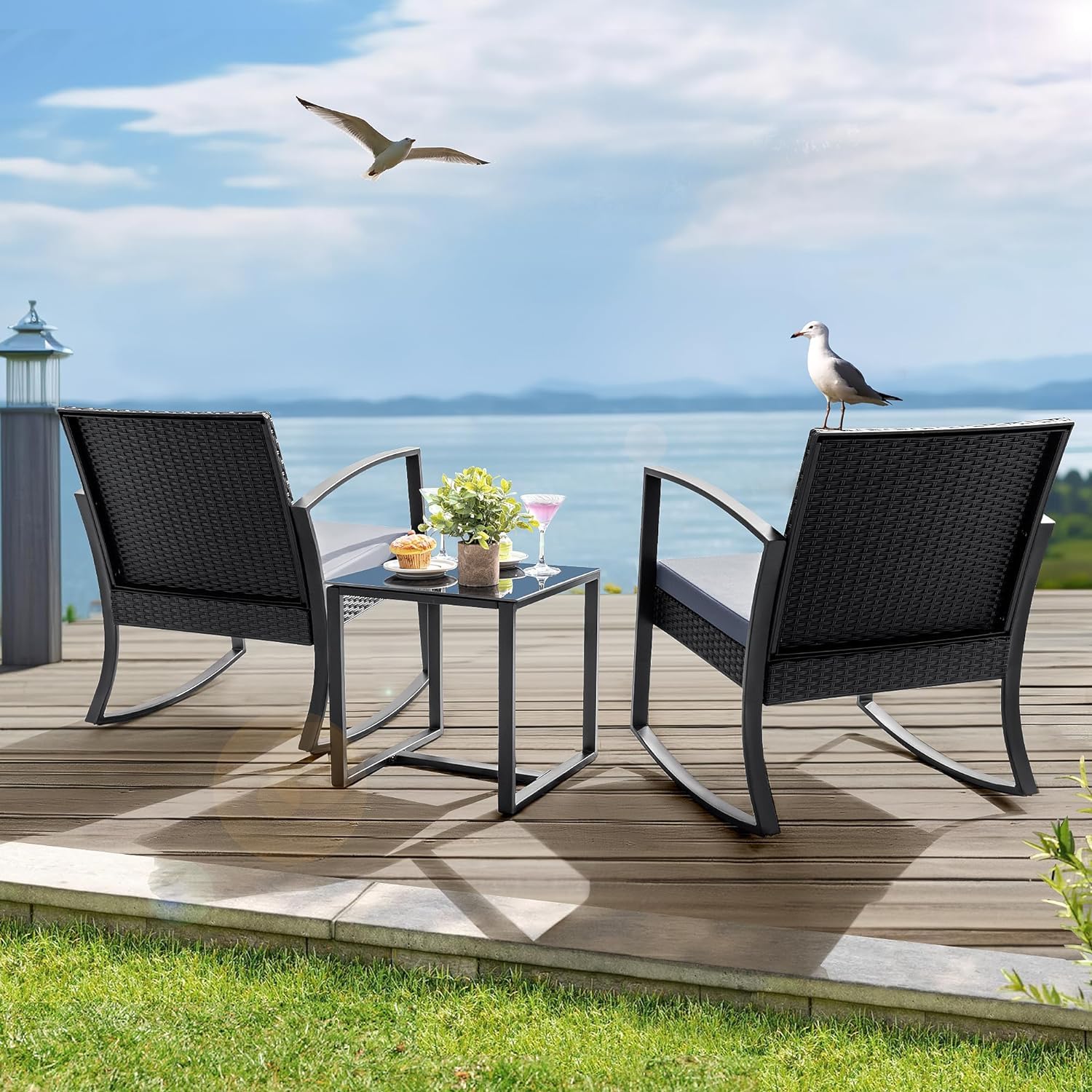 Homall 3-Piece Outdoor Patio Furniture Set - Resin Bistro Table & Rocking Chairs with Cushions for Porch, Poolside, Balcony, Yard (Grey) - Perfect for Relaxing, Entertaining & Outdoor Dining
