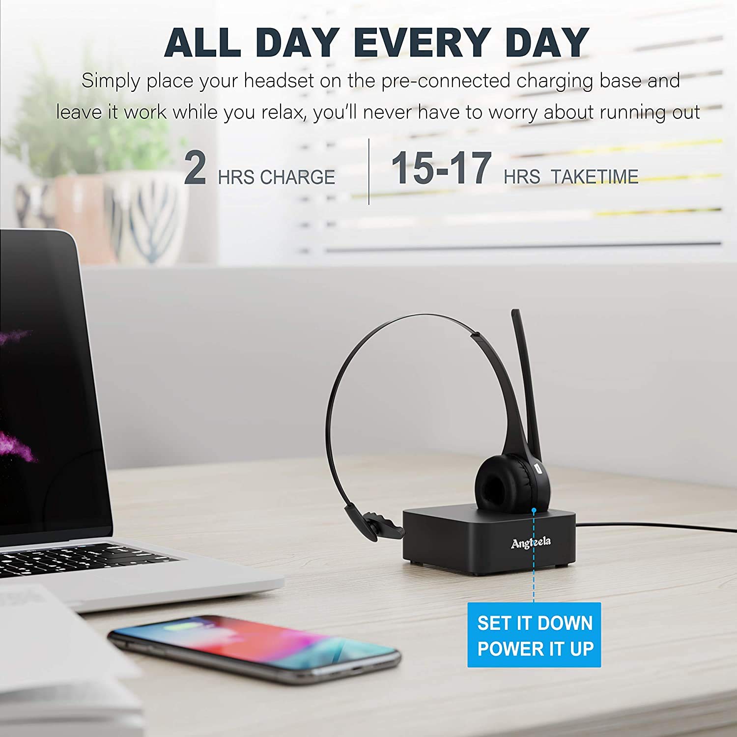 Angteela Wireless Bluetooth Headset with Noise Canceling Mic - Trucker Headphones for Home Office, Call Center & Skype Calls | Includes Charging Base & Mute Function | Perfect for Remote Work, Online Meetings & Customer Service