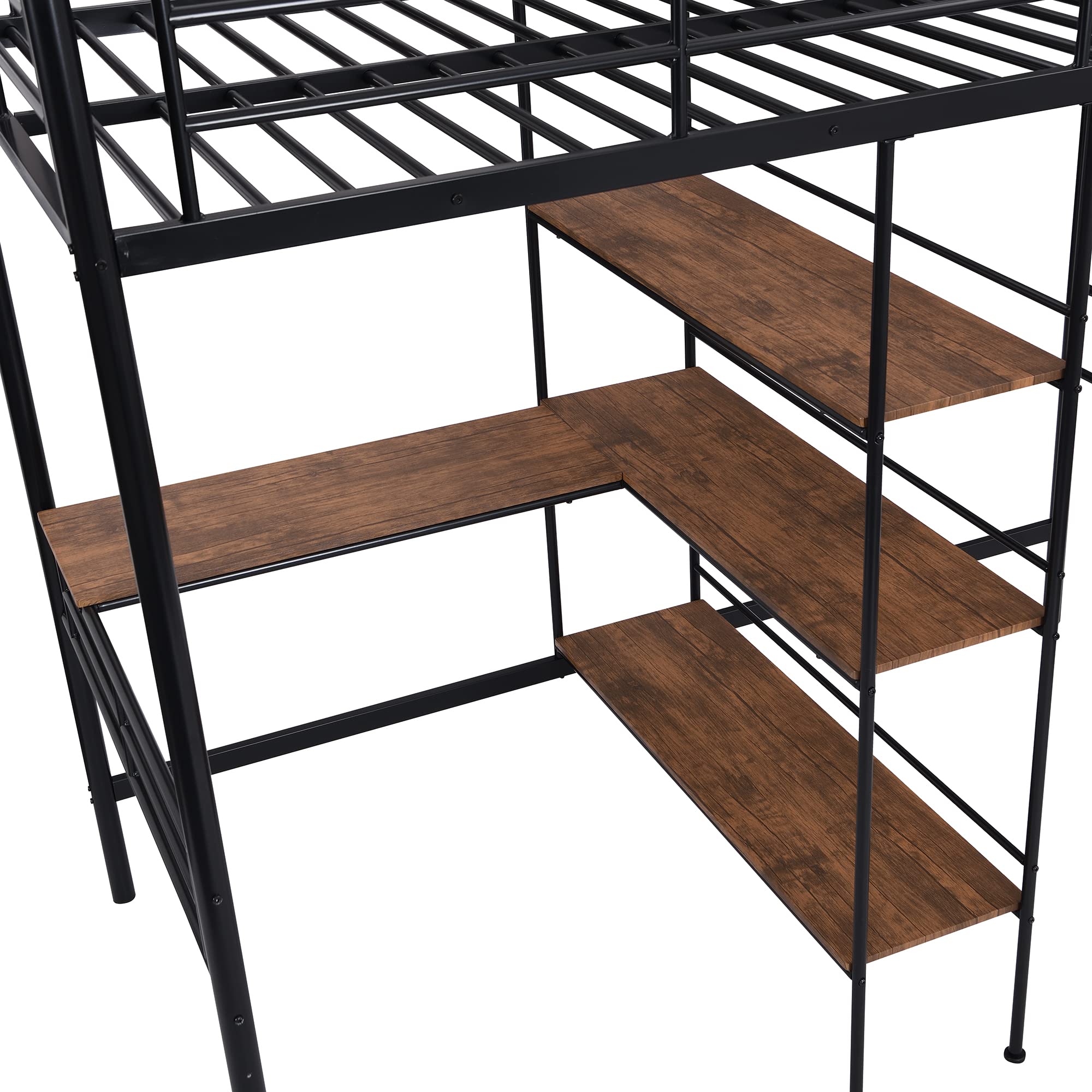 Twin Size Loft Bed with Built-in Desk & 3-Tier Shelves - Under-Bed Workstation, Metal Bed Frame with Ladder & Guardrails - Space Saving Bedroom Furniture for Small Rooms, Dorms & Apartments (Black)