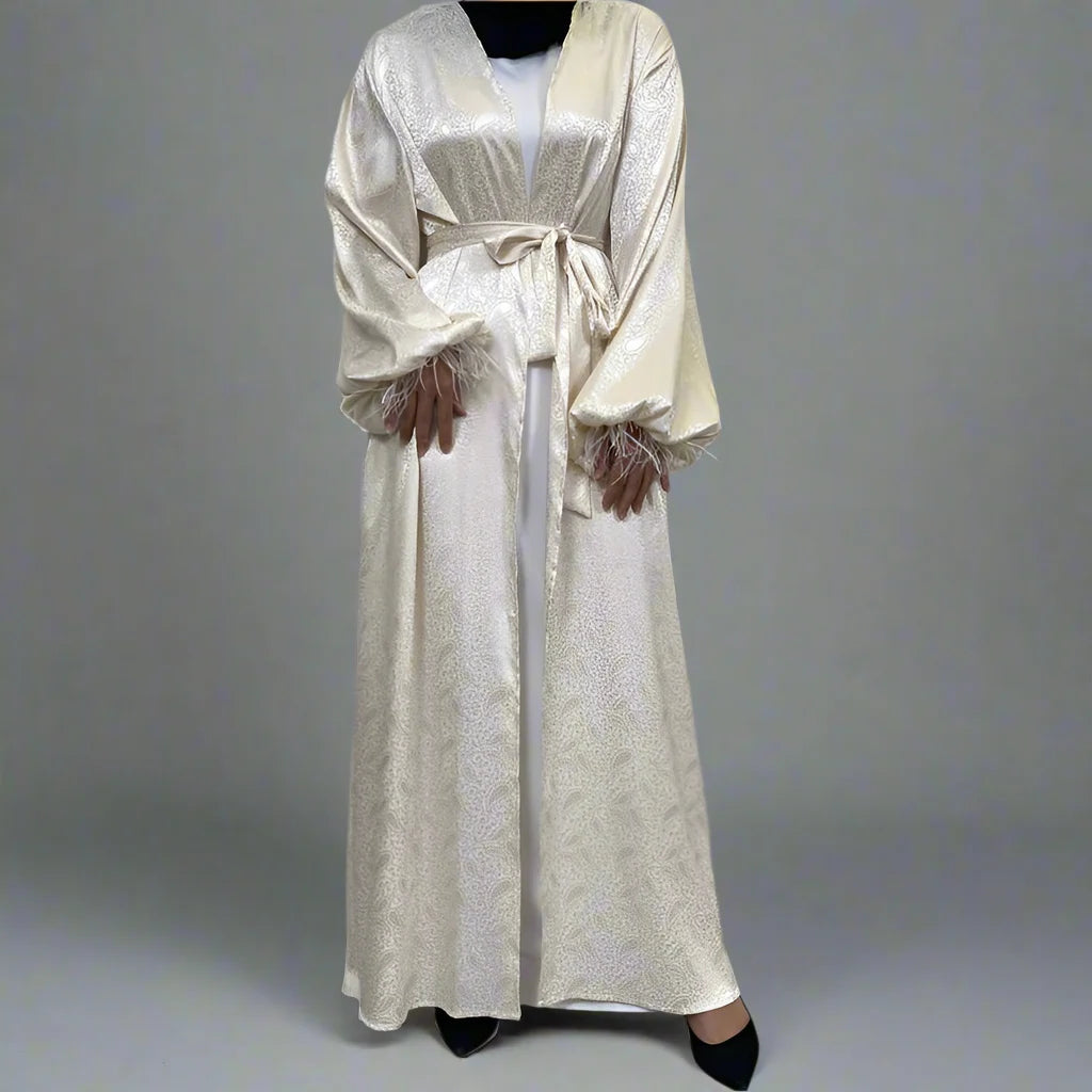 Elegant Muslim Women's Printed Satin Open Abaya Cardigan Dress with Feather Puff Sleeves - Perfect for Prayer, Mosque Visits & Special Occasions