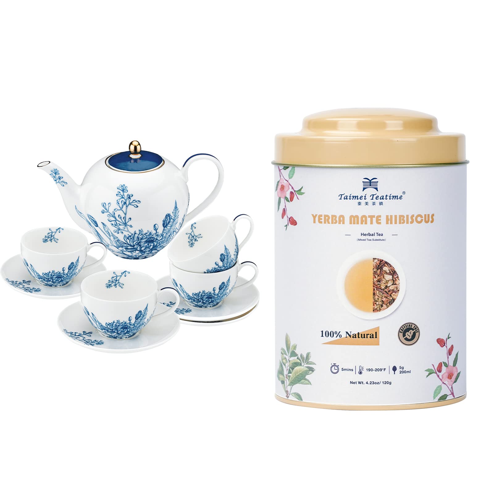 Organic Yerba Mate Hibiscus Herbal Tea Loose Leaf (120g) - Caffeine Free Hot & Iced Tea Set with White Ceramic Cup - Perfect for Relaxation, Meditation & Afternoon Tea Time