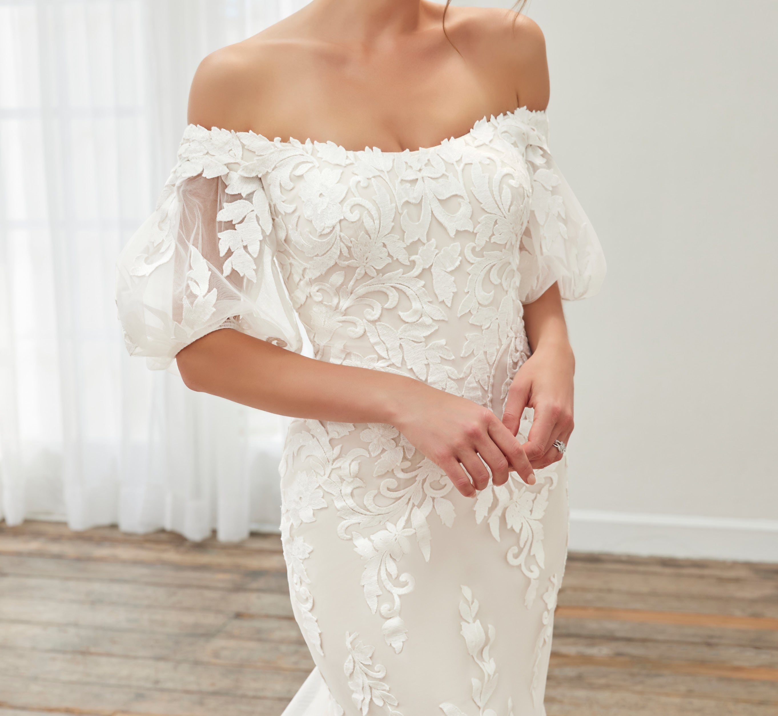 Elegant Floral Lace Off-The-Shoulder Fit and Flare Wedding Gown with Detachable Sleeves - Ivory Almond Bridal Dress for Beach Weddings & Formal Events