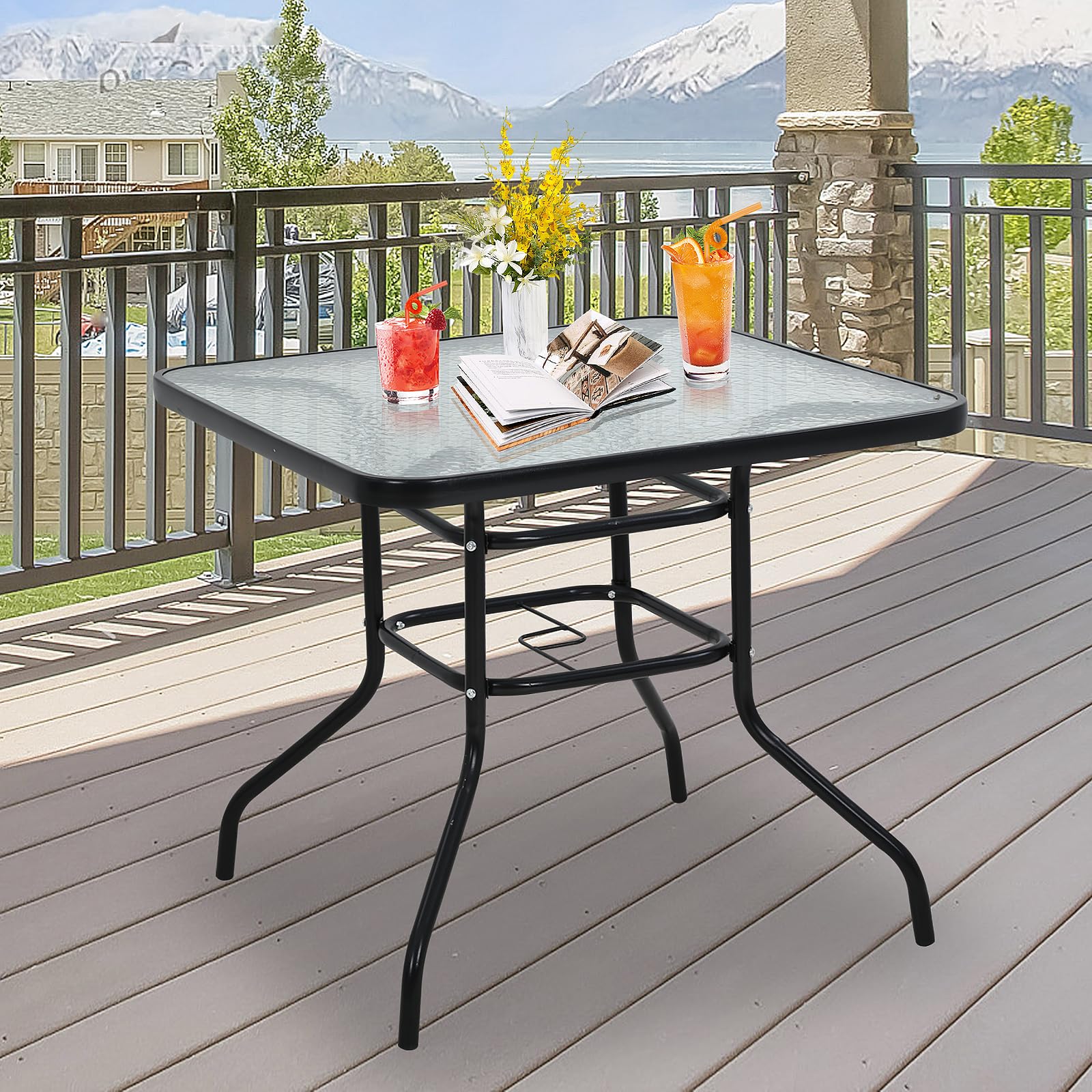 32'' Square Outdoor Bistro Table with Tempered Glass Top & Umbrella Hole - Patio Dining Set for Garden, Lawn, Balcony, Yard, Bars & Restaurants | Perfect for Al Fresco Meals, BBQs & Outdoor Entertaining