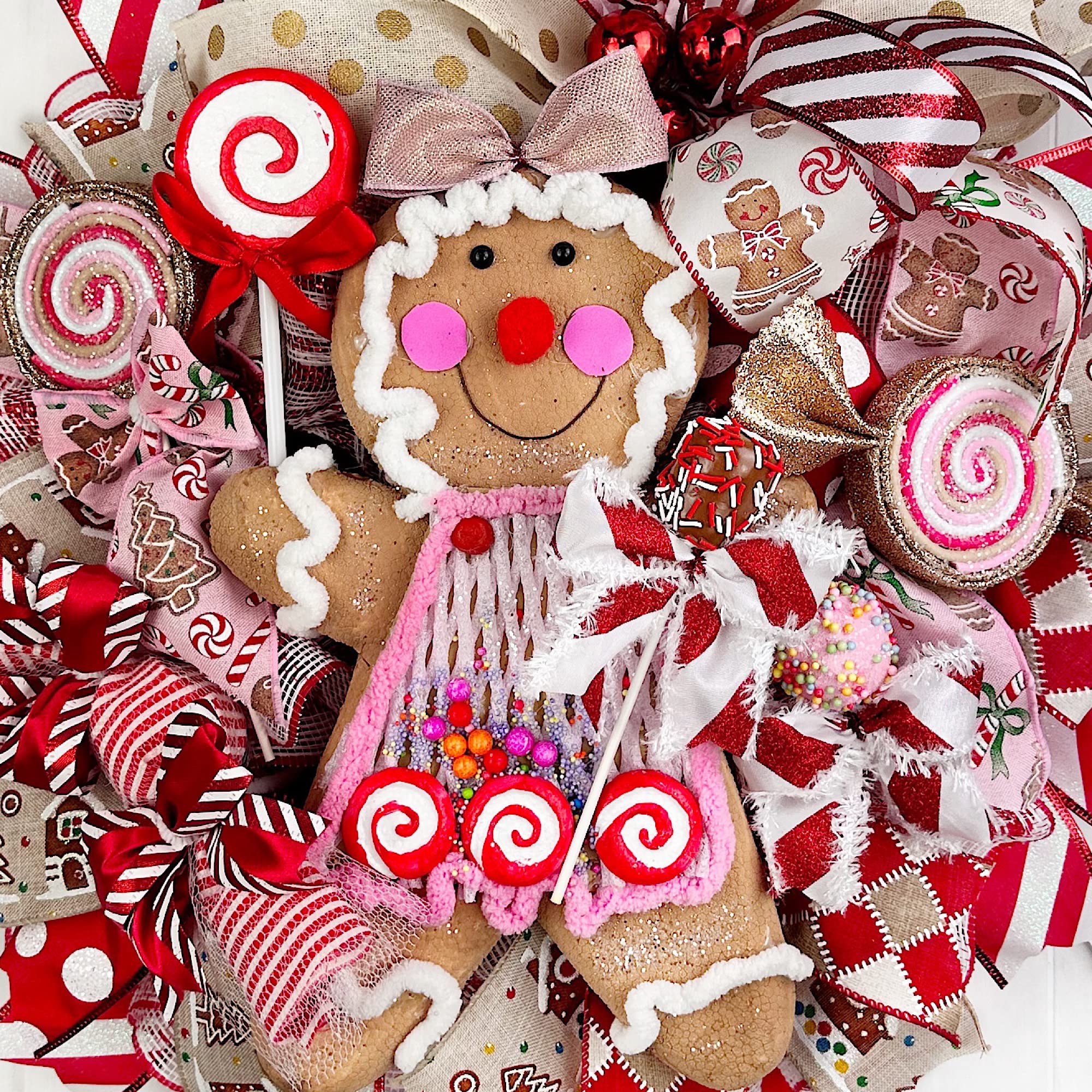 Handmade Gingerbread Sweet Shop Christmas Wreath - Candy Decorations with Lollipop, Peppermint, Pink Cake Pop & Chocolate Marshmallow | Perfect for Holiday Home Decor, Christmas Tree Topper & Festive Party Decoration