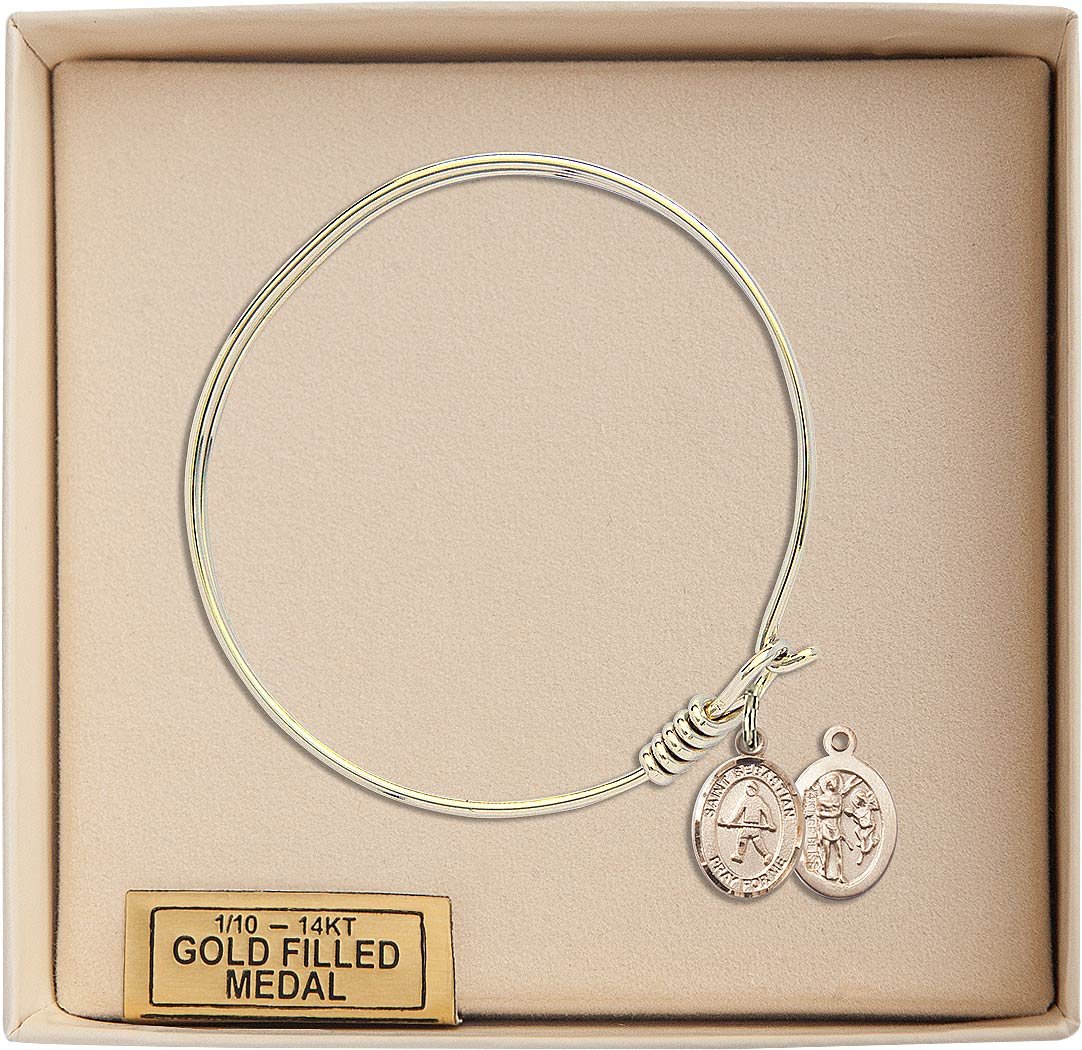 Round Eye Hook Bangle Bracelet with St. Sebastian & Field Hockey Charm in Gold-Filled - Perfect for Sports Enthusiasts & Religious Jewelry Lovers