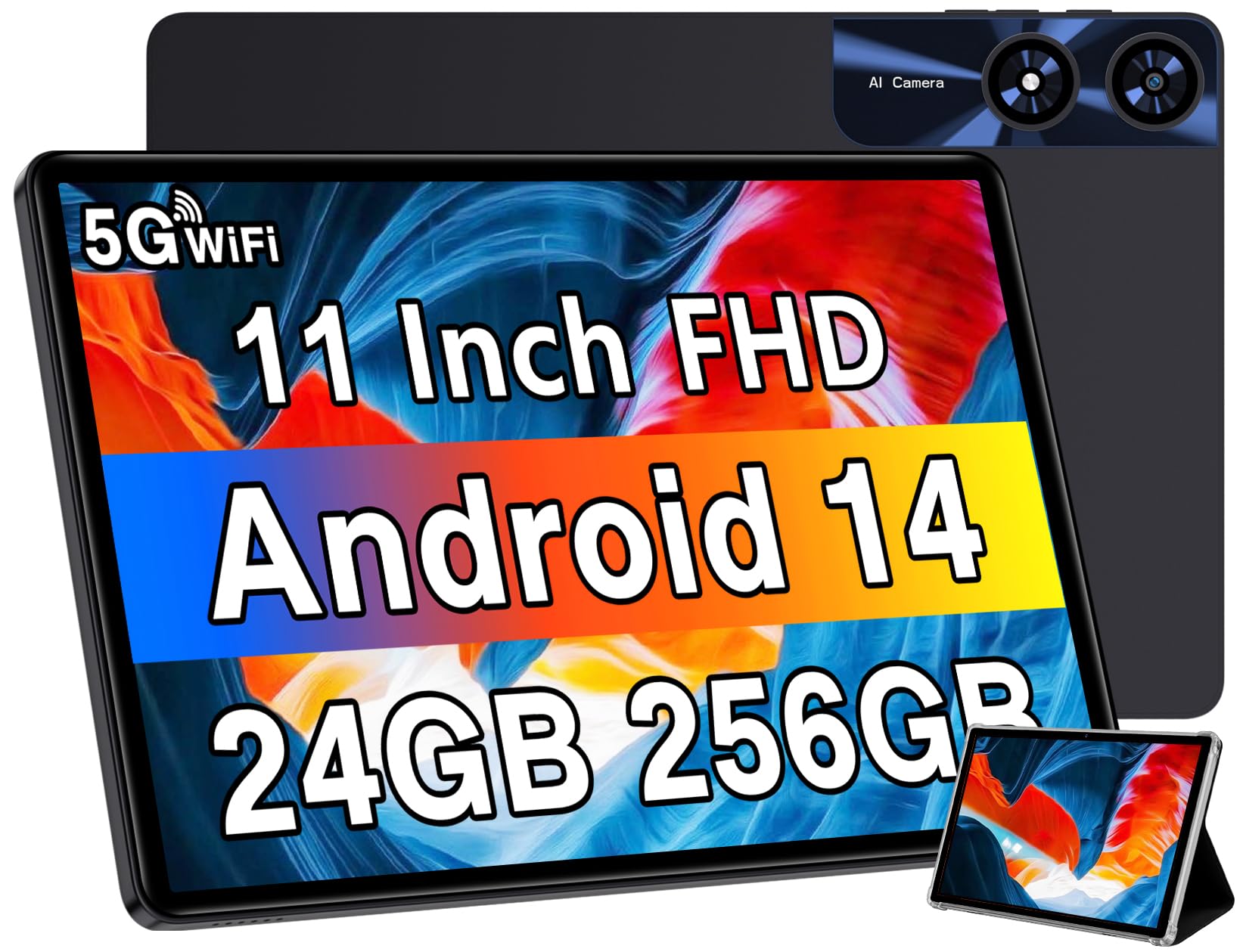 Android 14 Tablet 11 Inch - 24GB RAM 256GB ROM (1TB Expandable) Octa-Core Tablet with 8000mAh Battery | 5G WiFi, Bluetooth 5.0, Dual Camera (5MP+13MP) | IPS Touch Screen, GPS | Black - Perfect for Work, Study & Entertainment