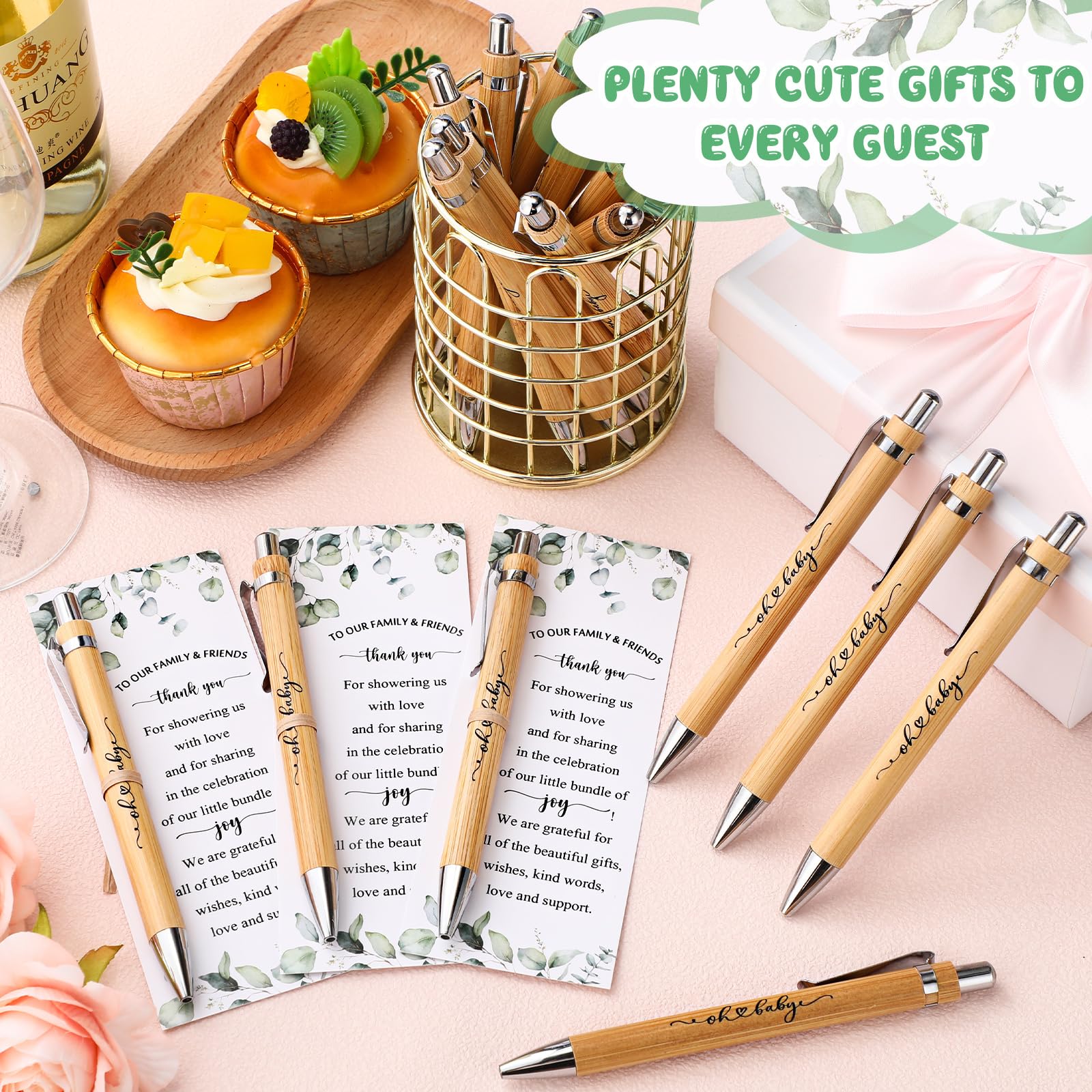 Yeaqee 100 Sets Woodland Safari Baby Shower Favors - Greenery Themed Guest Gifts with Retractable Bamboo Pens, Gender Reveal Cards & Souvenirs - Perfect for Baby Showers, Gender Reveal Parties & Thank You Prizes