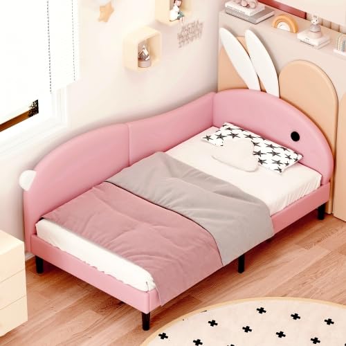 Bellemave Twin Size Kids Bed Frame with Rabbit Ear Headboard - Upholstered Daybed for Girls in Pink | Perfect for Nursery, Bedroom & Playroom Decor