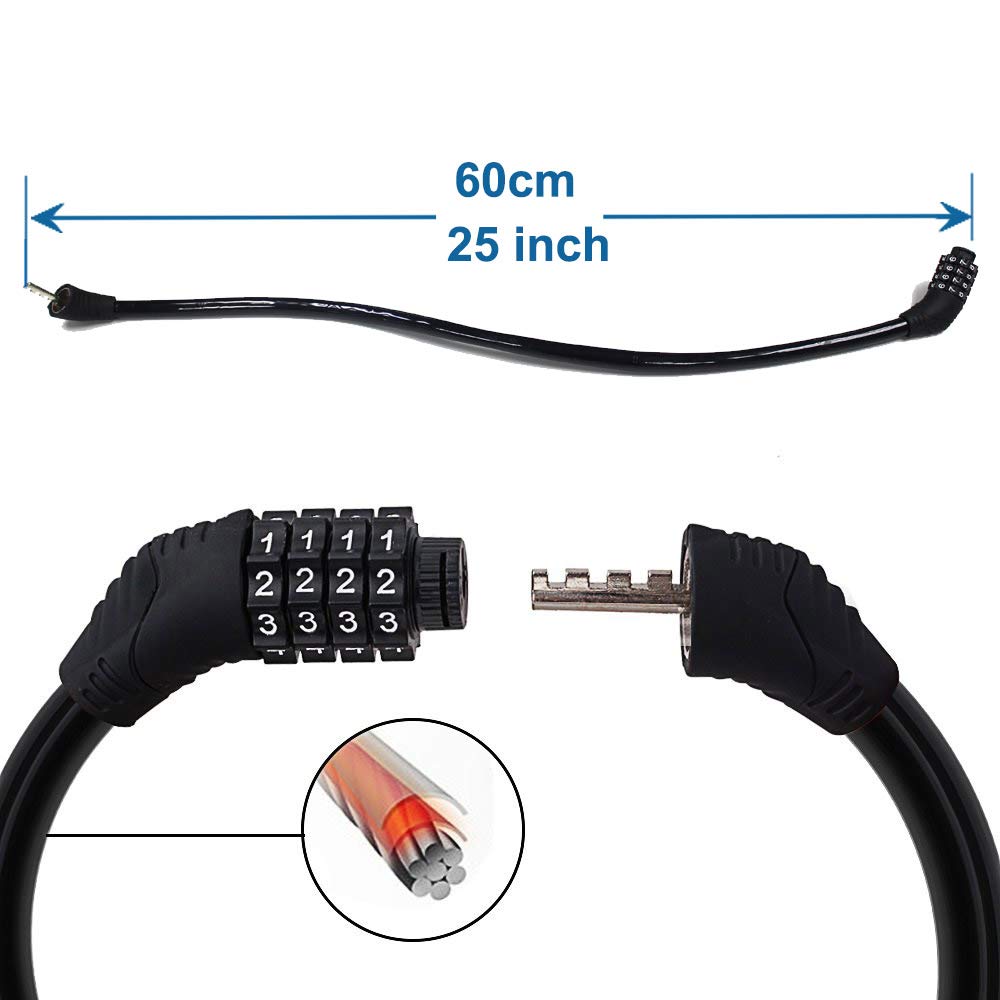 QSPORTPEAK 4 Digit Resettable Combination Bike Lock - Self Coiling Security Cable Lock for Bicycles (2 Feet x 1/2 Inch, Black) - Perfect for Commuting, Campus, and Outdoor Cycling Protection