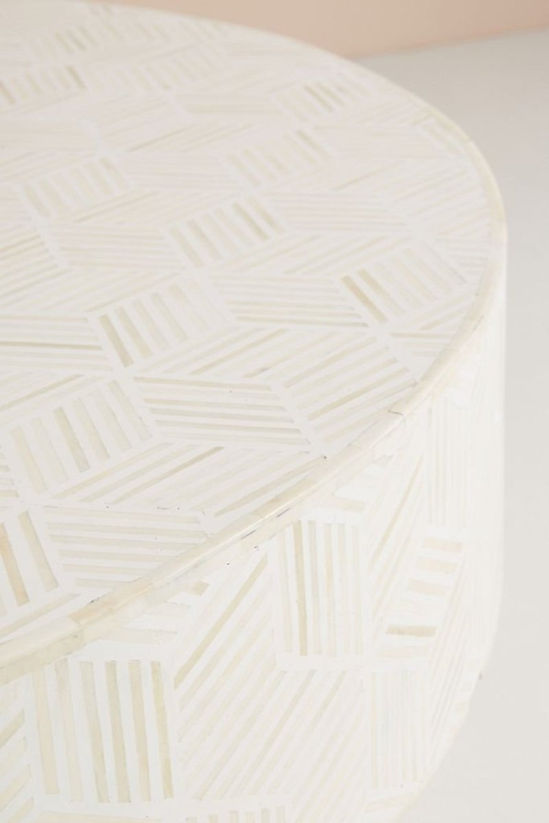 Handmade White Bone Inlay Round Coffee Table - Boho Chic Living Room Furniture for Home Decor & Lounge Area