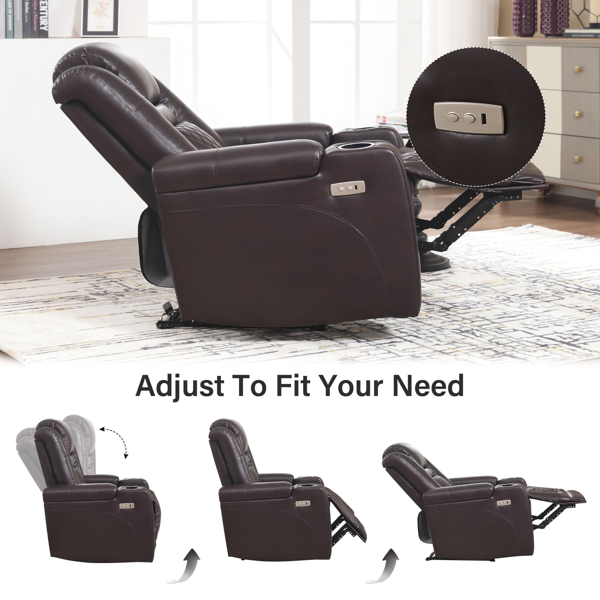 Electric Power Recliner Chair with USB Ports & Cup Holders - PU Leather Massage Sofa with Hidden Storage | Home Theater Seating, Living Room Furniture for Relaxation & Entertainment