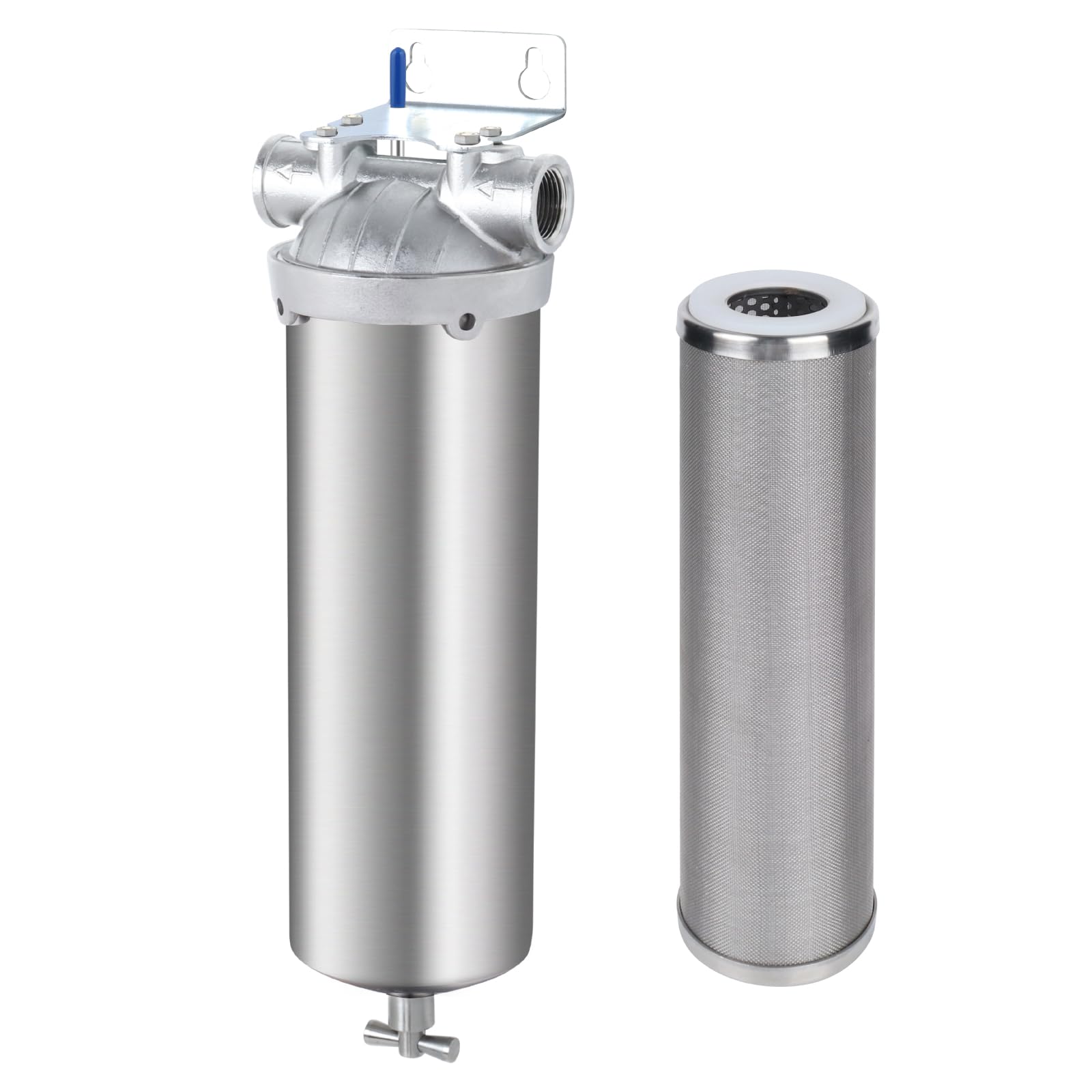 NSF/ANSI 42 Certified 304 Stainless Steel Water Filter Housing with 50U 304 Filter Cartridge - Double O-Ring Seal, 3/4