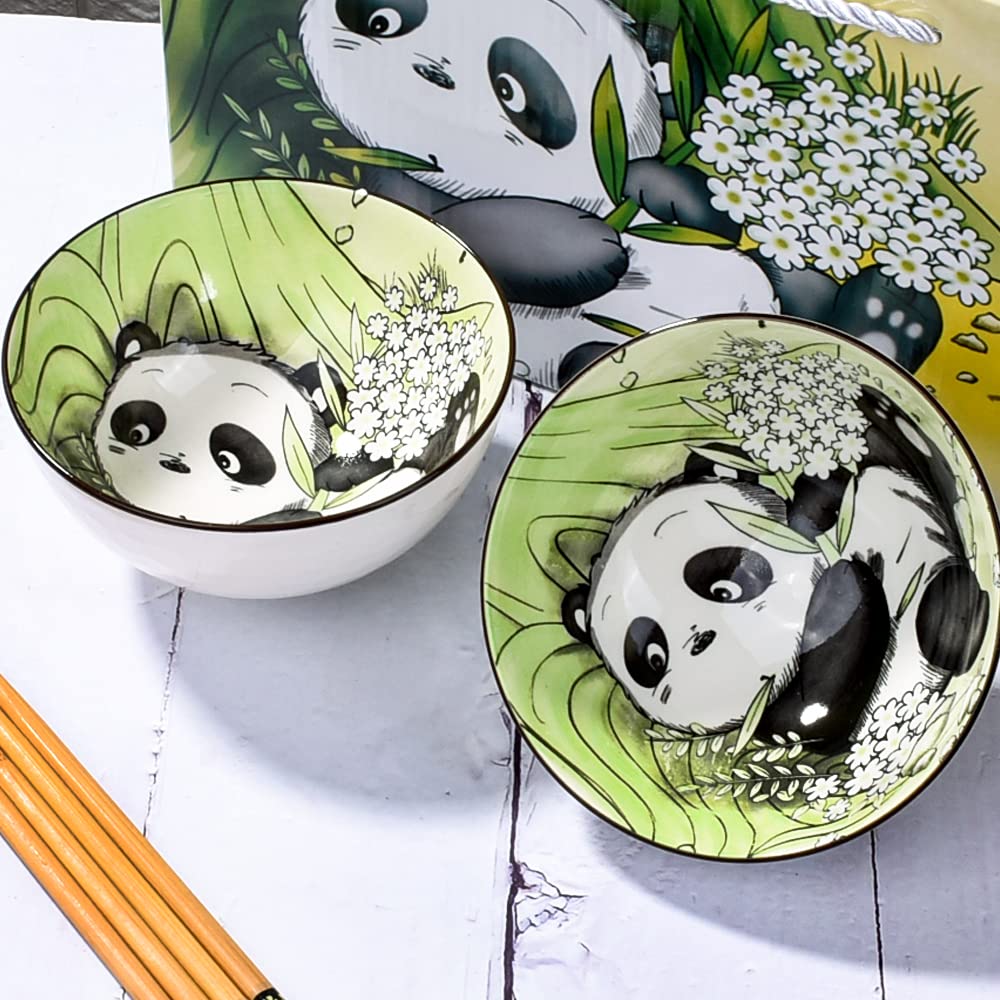 Stylish Panda Ceramic Rice Bowls & Chopsticks Set - 2-Piece Asian Dinnerware for Soup, Dessert, Rice | Perfect Gift for Home Dining & Party Use