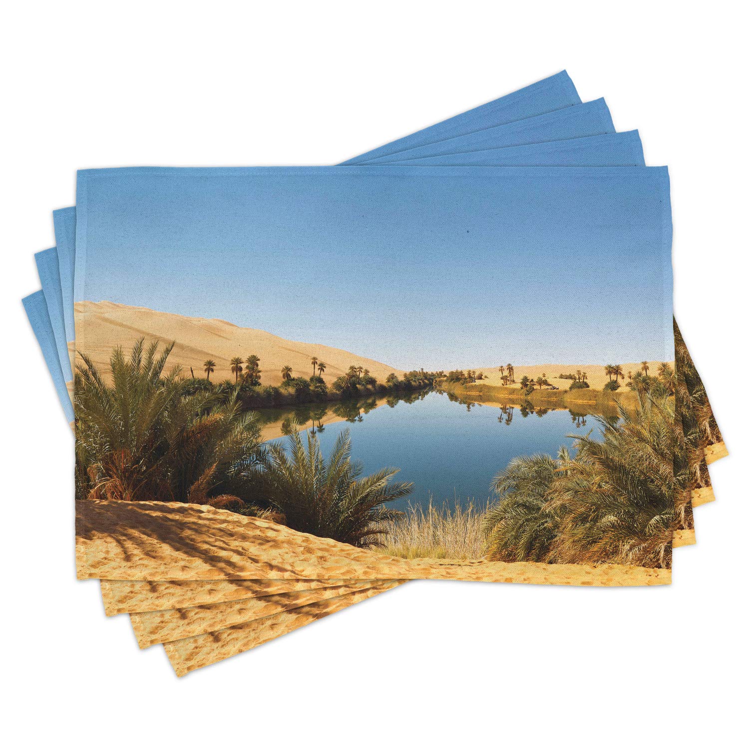Ambesonne 4-Piece Desert Oasis Placemats Set - Washable Fabric Table Mats for Dining, Kitchen & Outdoor Use - Sahara Libya Sand Sea Design in Sand Brown & Pale Blue - Perfect for Dinner Parties, BBQs & Home Decor