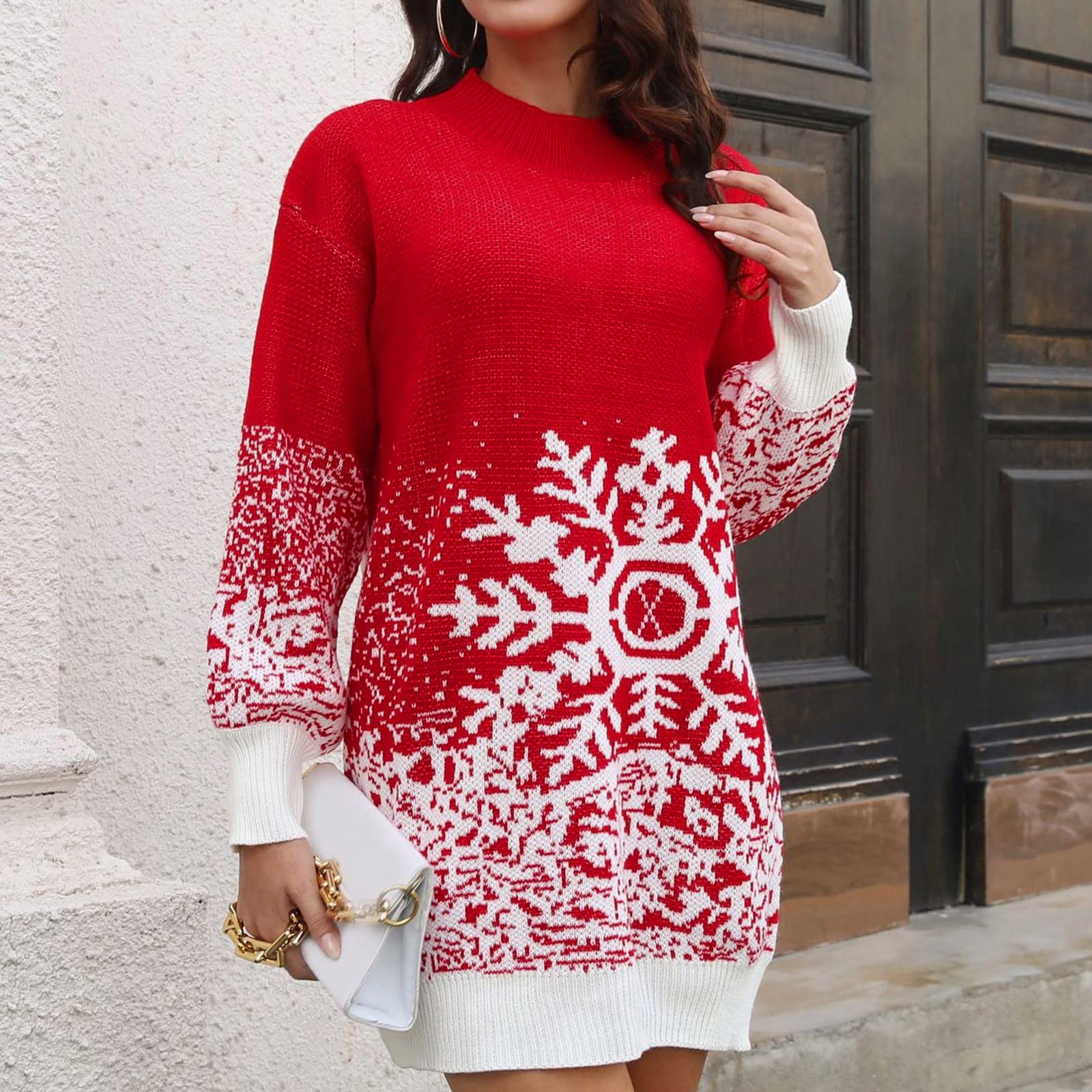Women's Christmas Dresses - Elegant High Neck Long Sleeve Knit Solid Color Party Dress for Holiday Gatherings & Winter Celebrations