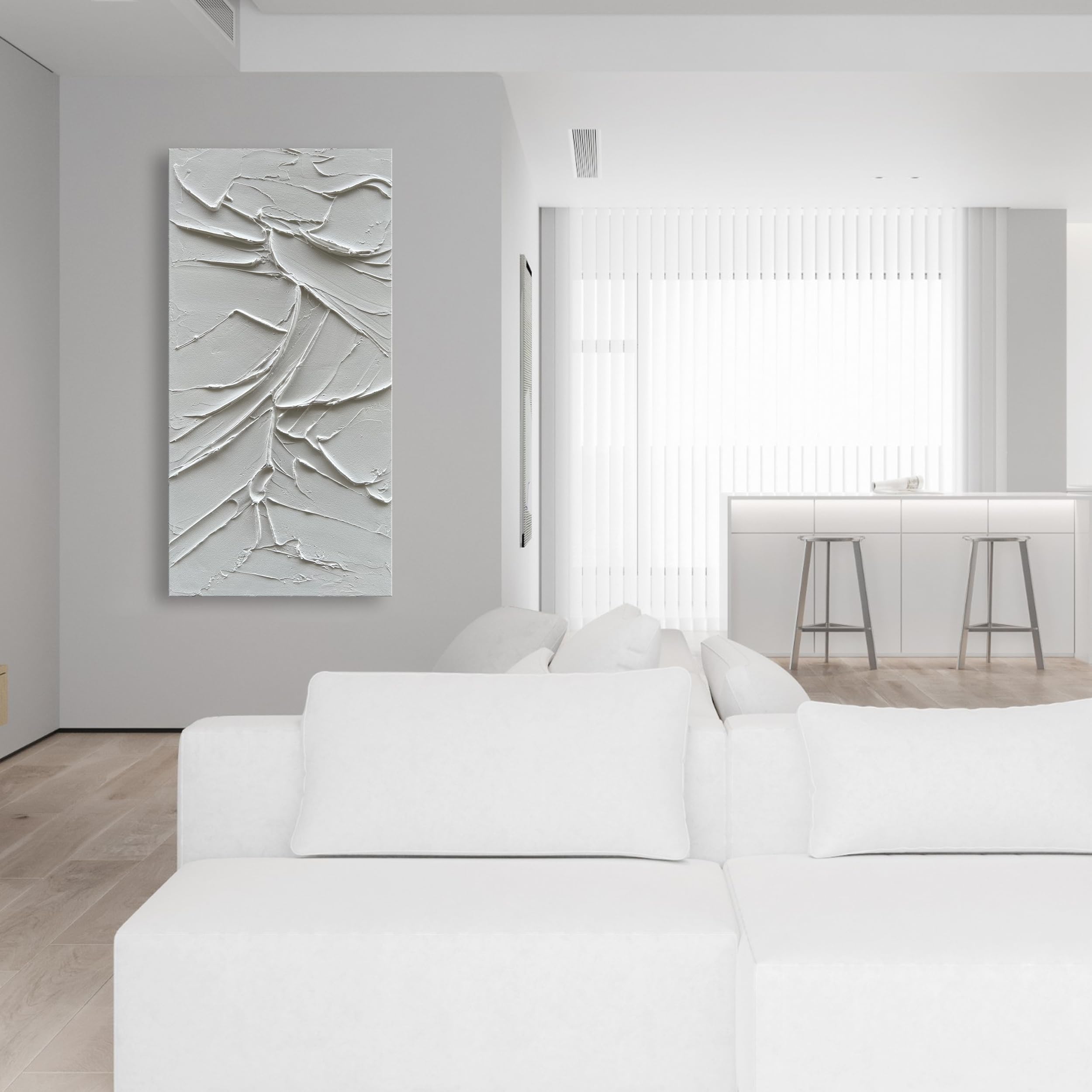 Hand Painted White Abstract Modern Oil Painting - 48x24 Inch Contemporary Textured Canvas Wall Art - Minimalist Home Decor for Living Room, Bedroom & Office