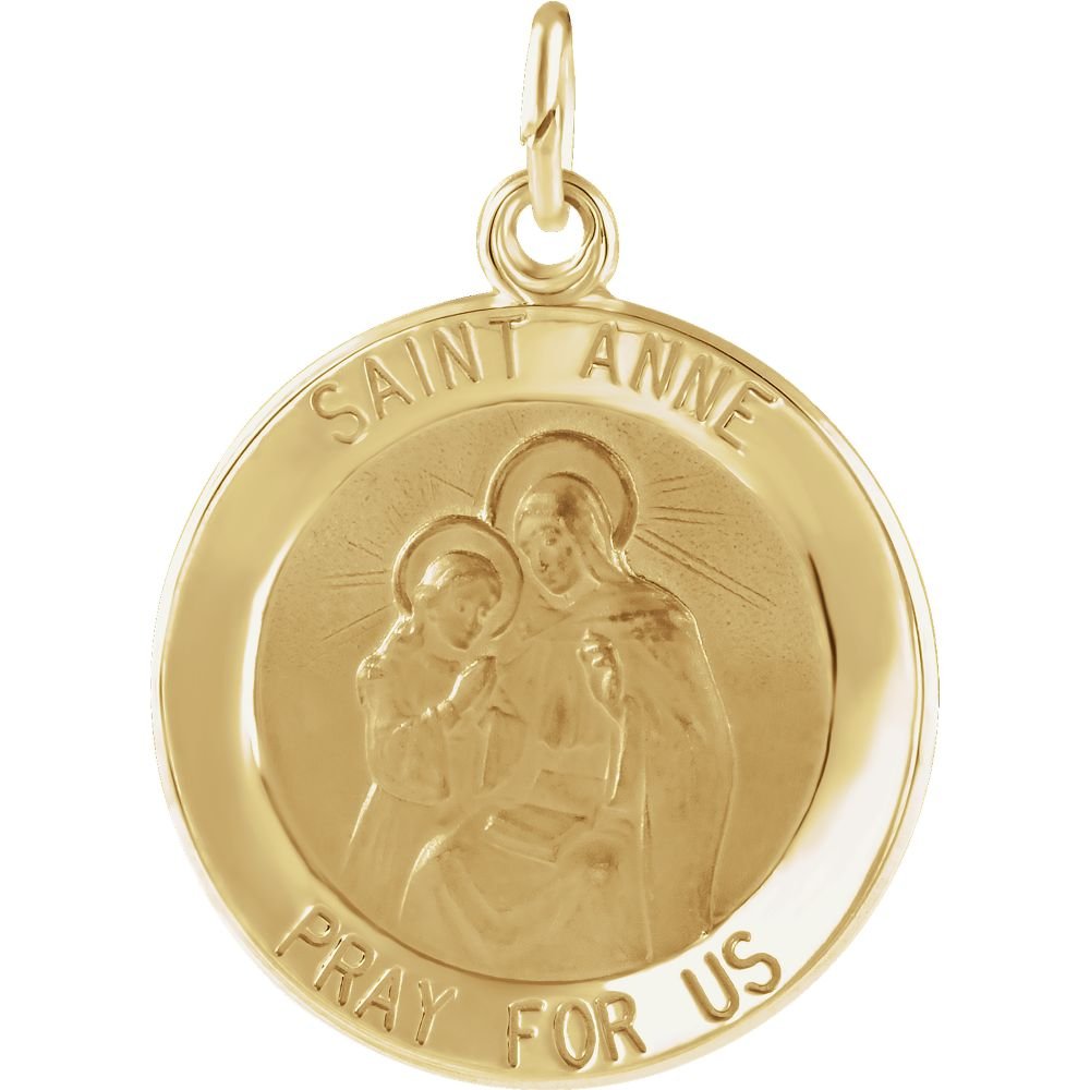 14K Yellow Gold St. Anne Medal Pendant Necklace - 15mm Round Polished Religious Jewelry for Women | Perfect for Baptism, First Communion & Everyday Faith Inspired Fashion