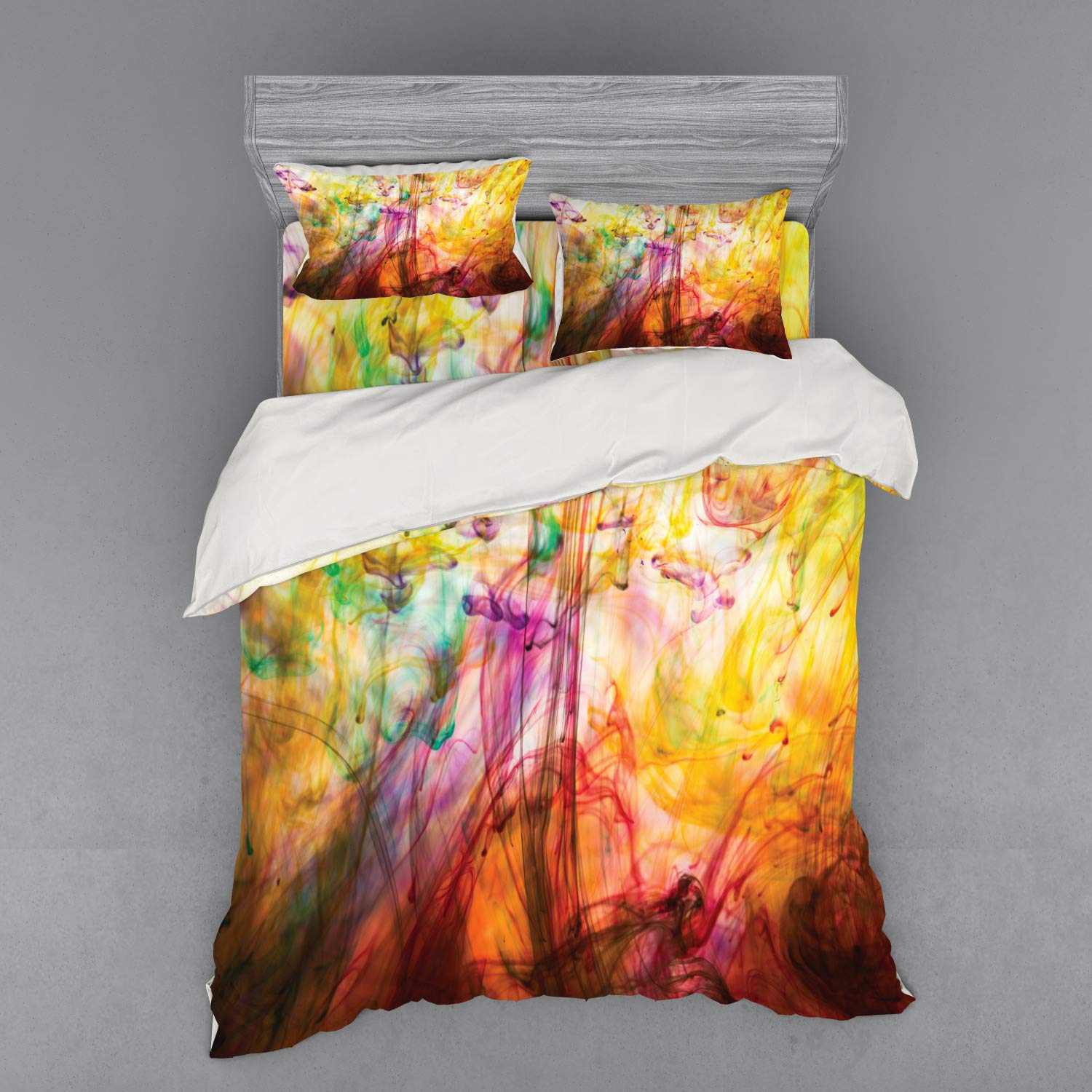 Ambesonne Modern Rainbow Water Painting Duvet Cover Set - 4 Piece Queen Size Bedding with Shams & Fitted Sheet - Vibrant Canvas Art Print for Contemporary Bedrooms - Perfect for Master Bedrooms, Guest Rooms & Dorm Decor