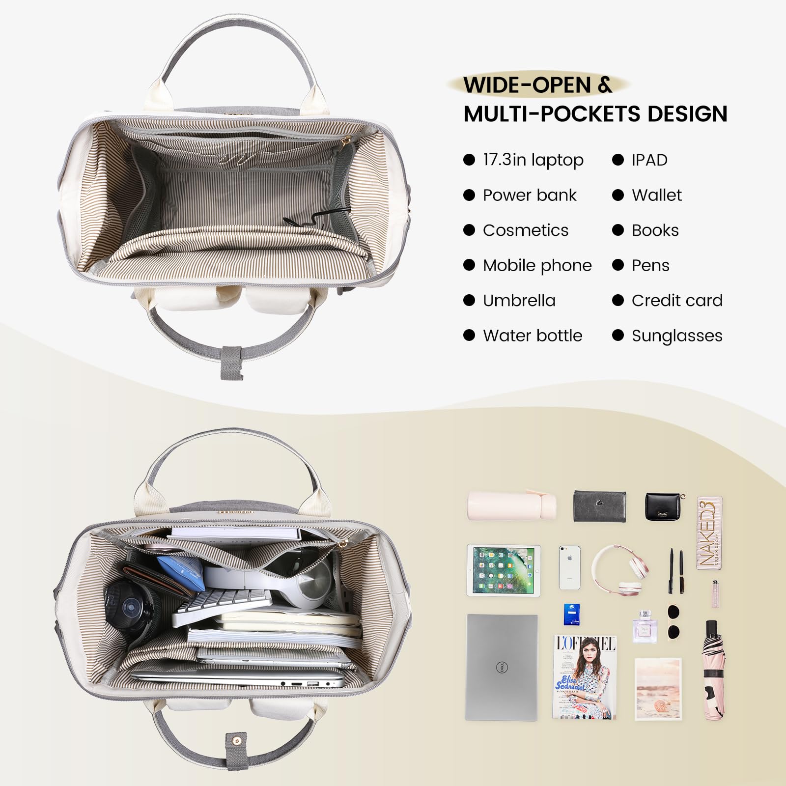 LOVEVOOK Waterproof Laptop Backpack for Women - 17.3 Inch Work Computer Bag with USB Charging Port, Durable Business Travel Backpack for Teachers, Nurses & Professionals (Off White-Grey) - Perfect for Office Commute, College & Daily Use