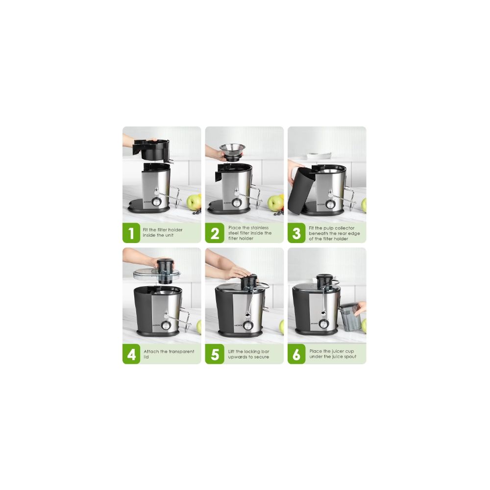 AICOOK 336 Dual Speed Stainless Steel Juicer for Fruits & Vegetables - Non-Drip Function & Centrifugal Extraction - Perfect for Healthy Smoothies, Fresh Juice & Detox Drinks at Home