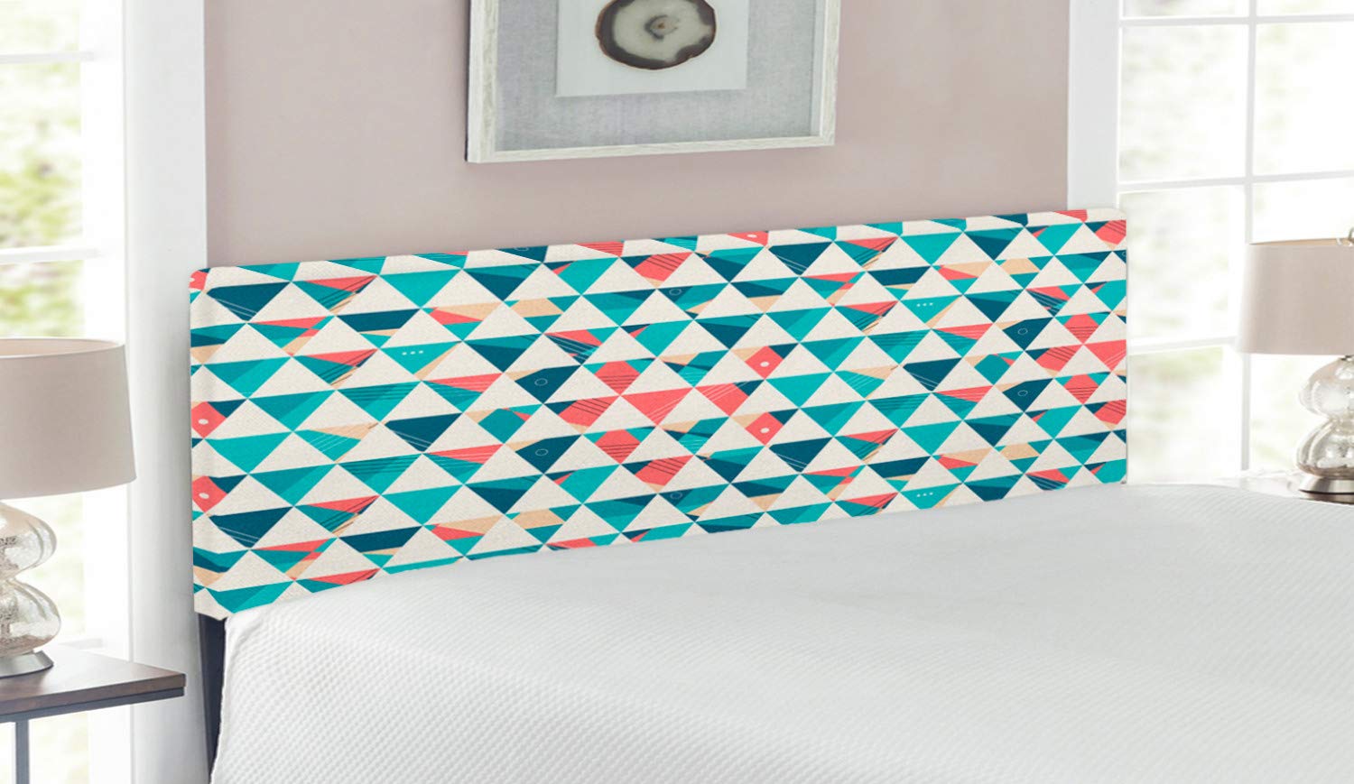 Ambesonne Geometric Headboard - Abstract Triangles & Hexagons in Soft Colors, Modern Cubism Art Inspired Upholstered Metal Bed Headboard with Memory Foam, Queen Size, Turquoise Teal Coral - Perfect for Contemporary Bedroom Decor & Guest Room Upgrade