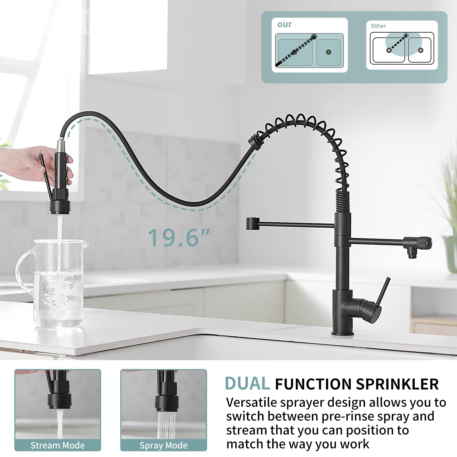 Black 3-Way Kitchen Faucet with Pull-Down Sprayer, Commercial Sink Faucet with Drinking Water Filter & Cold Pot Filler, Ideal for Home Kitchens & Restaurants