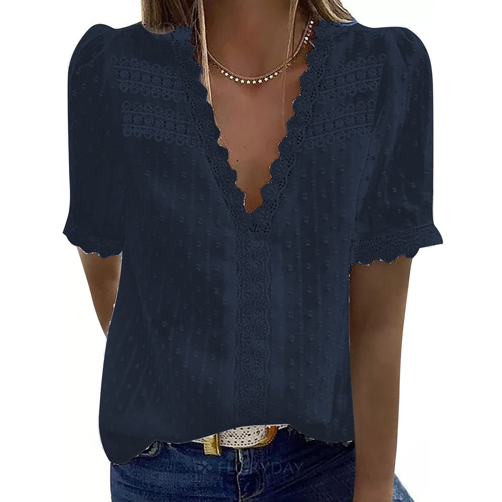 BISXOTY Women's V Neck T-Shirt - Retro Lace Splicing Dressy Tunic Top Short Sleeve Blouse - Casual & Office Wear for Women | Perfect for Summer Outfits, Date Nights & Work Attire